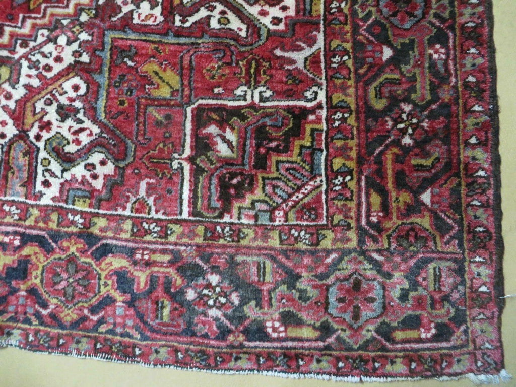 Heriz Rug 9x11, Geometric Persian Carpet Room Sized, Tribal Medallion Rug, Red Ivory Dark Blue Handmade Wool Rug for Living Room Dining Room