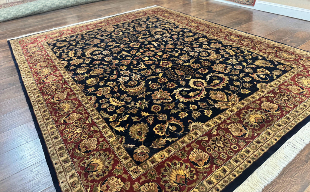 Indo Persian Rug 8x10, Navy Blue and Red, Floral Allover, Hand Knotted Vintage Wool Carpet, Indo Sarouk