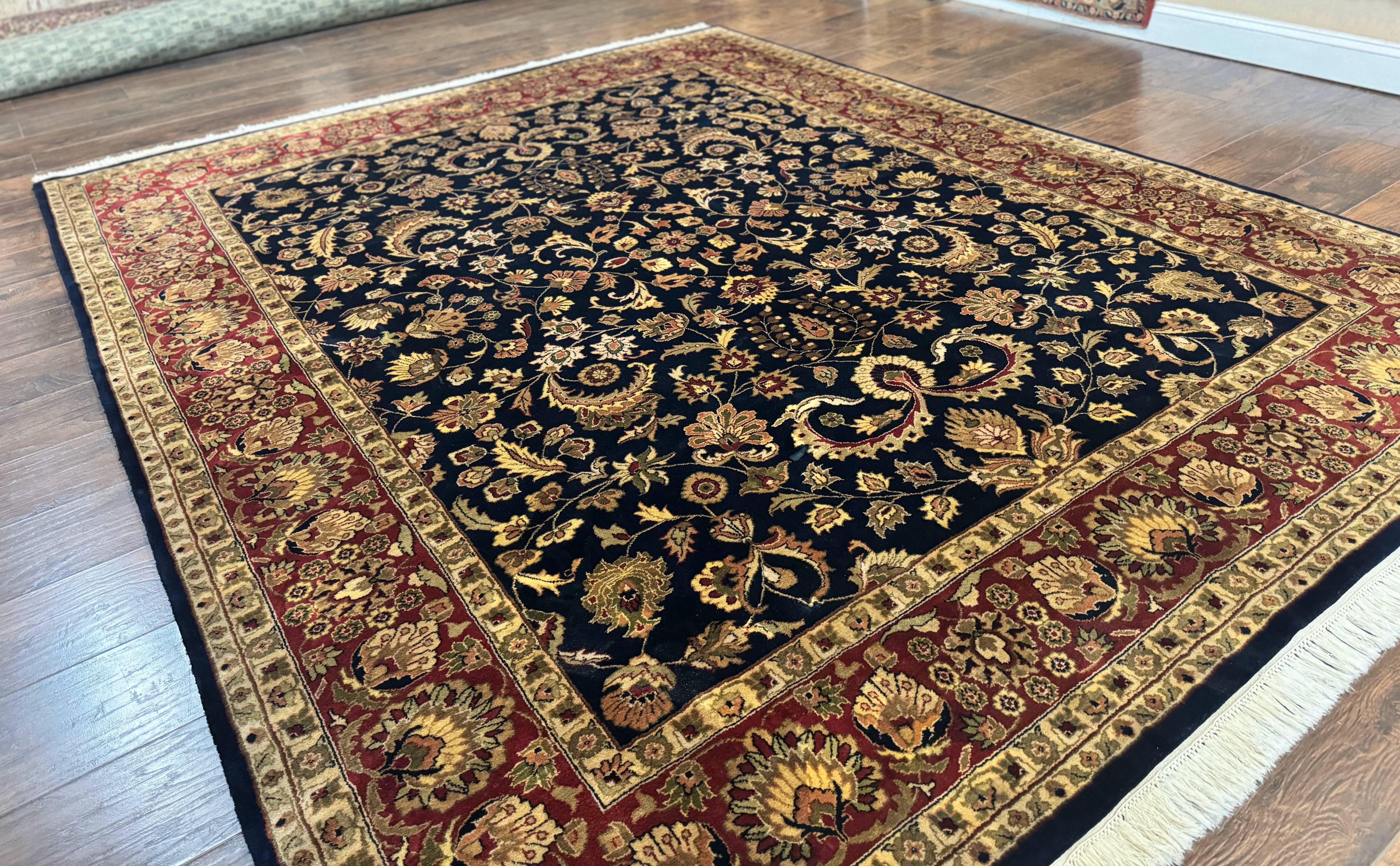 Indo Persian Rug 8x10, Navy Blue and Red, Floral Allover, Hand Knotted Vintage Wool Carpet, Indo Sarouk