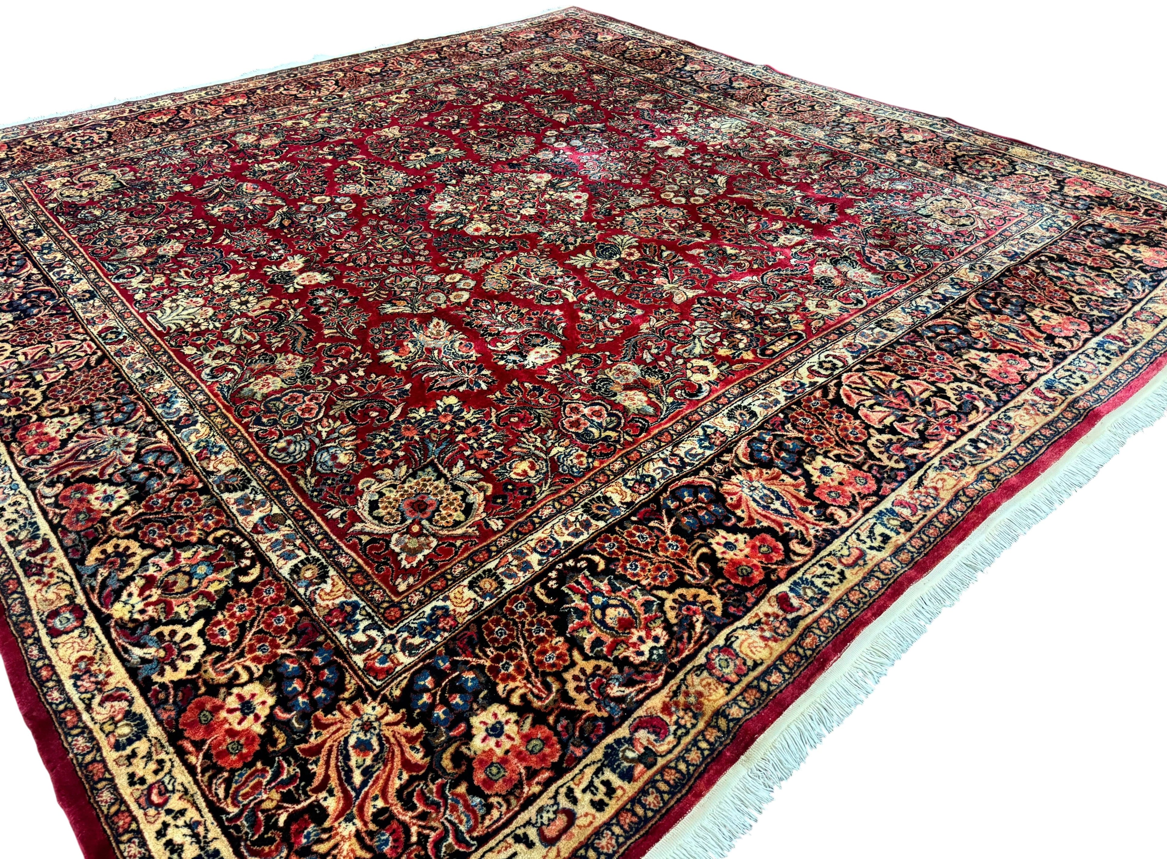 Persian Sarouk Rug 10x10, Square Persian Carpet, Red, Floral, Antique