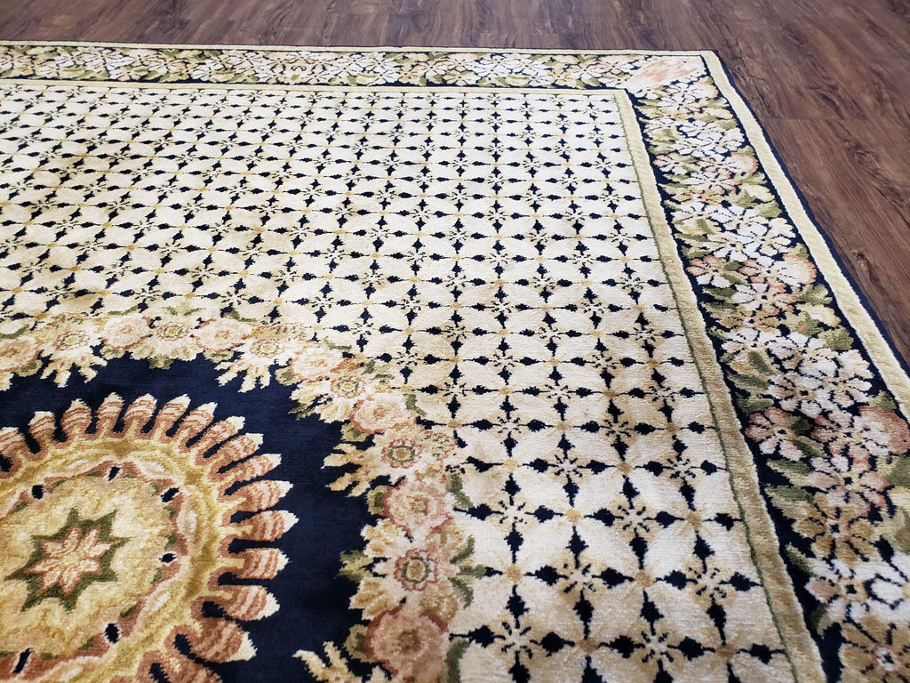 Indian Rug with Tibetan Weave, 6x8 - 6x9 Rugs, Indo-Tibetan Rug, Black and Cream Beige Tan, Floral Border, Soft Rug, Handmade Area Rug, Wool