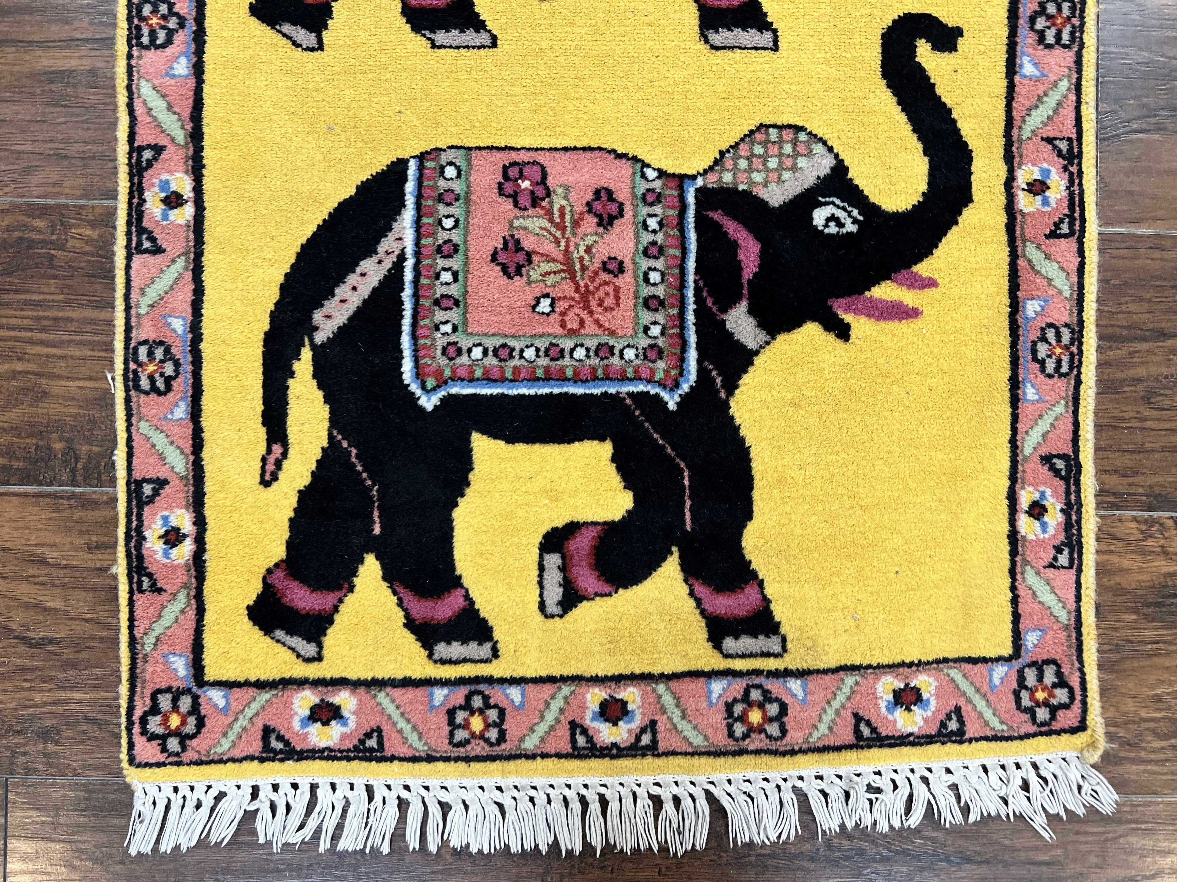 Unique Indian Pictorial Rug 2x3, Small Wool Hand Knotted Oriental Carpet, Yellow, Two Elephants, Handmade