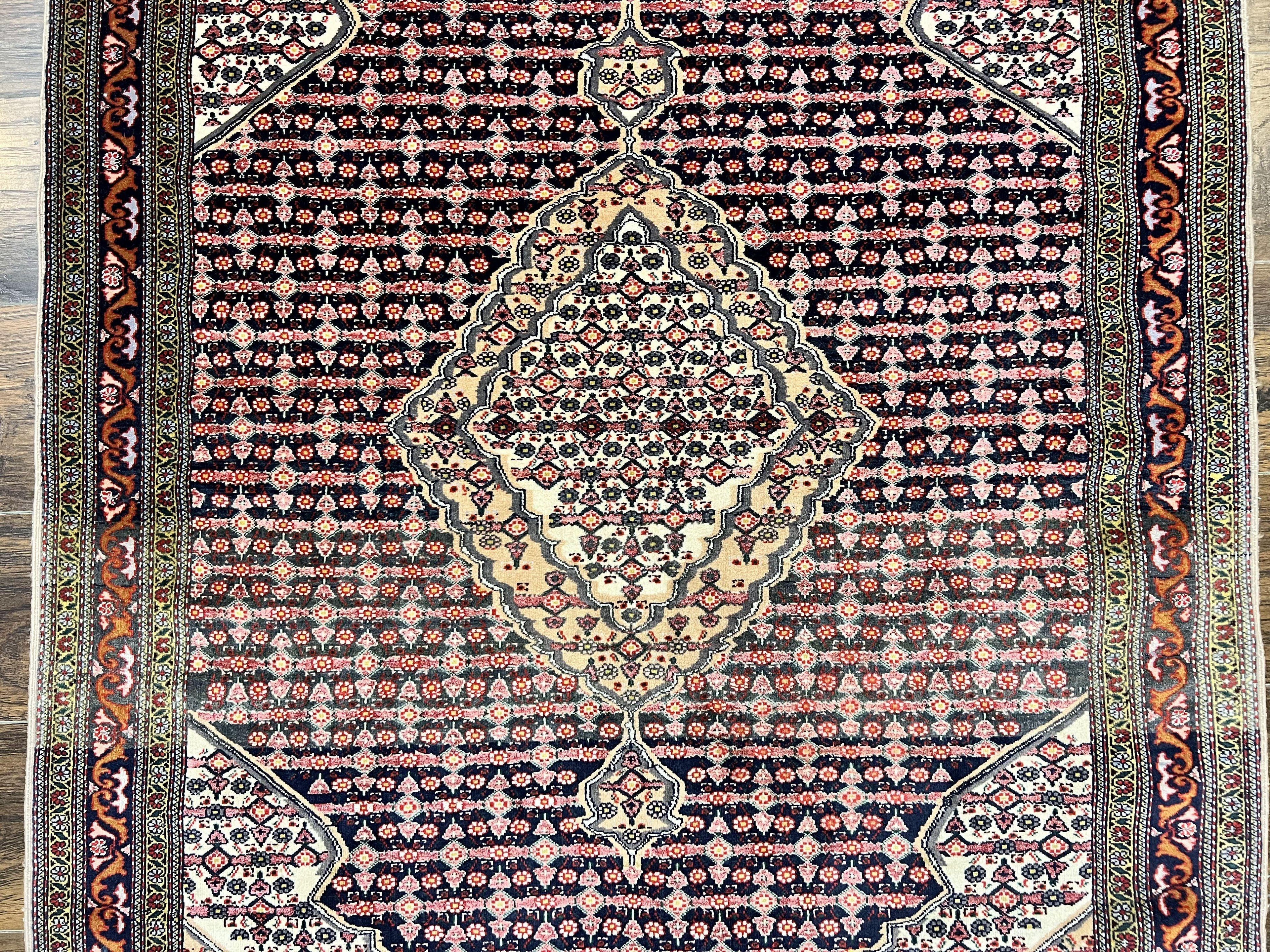 Afghan Rug 4x5, Wool with Silk Highlights, Very Fine Hand Knotted Vintage Oriental Carpet, Herati Pattern, Persian Rug, Bidjar Rug, 400 KPSI
