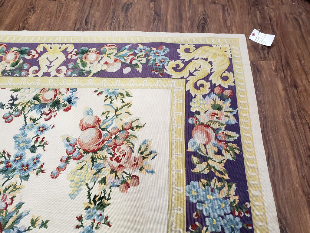 Vintage Chinese Floral Needlepoint Area Rug 6x9, Wool Hand-Woven Handmade Flatweave Rug, Ivory & Purple, Fruits Grapes Apples, Dining Room