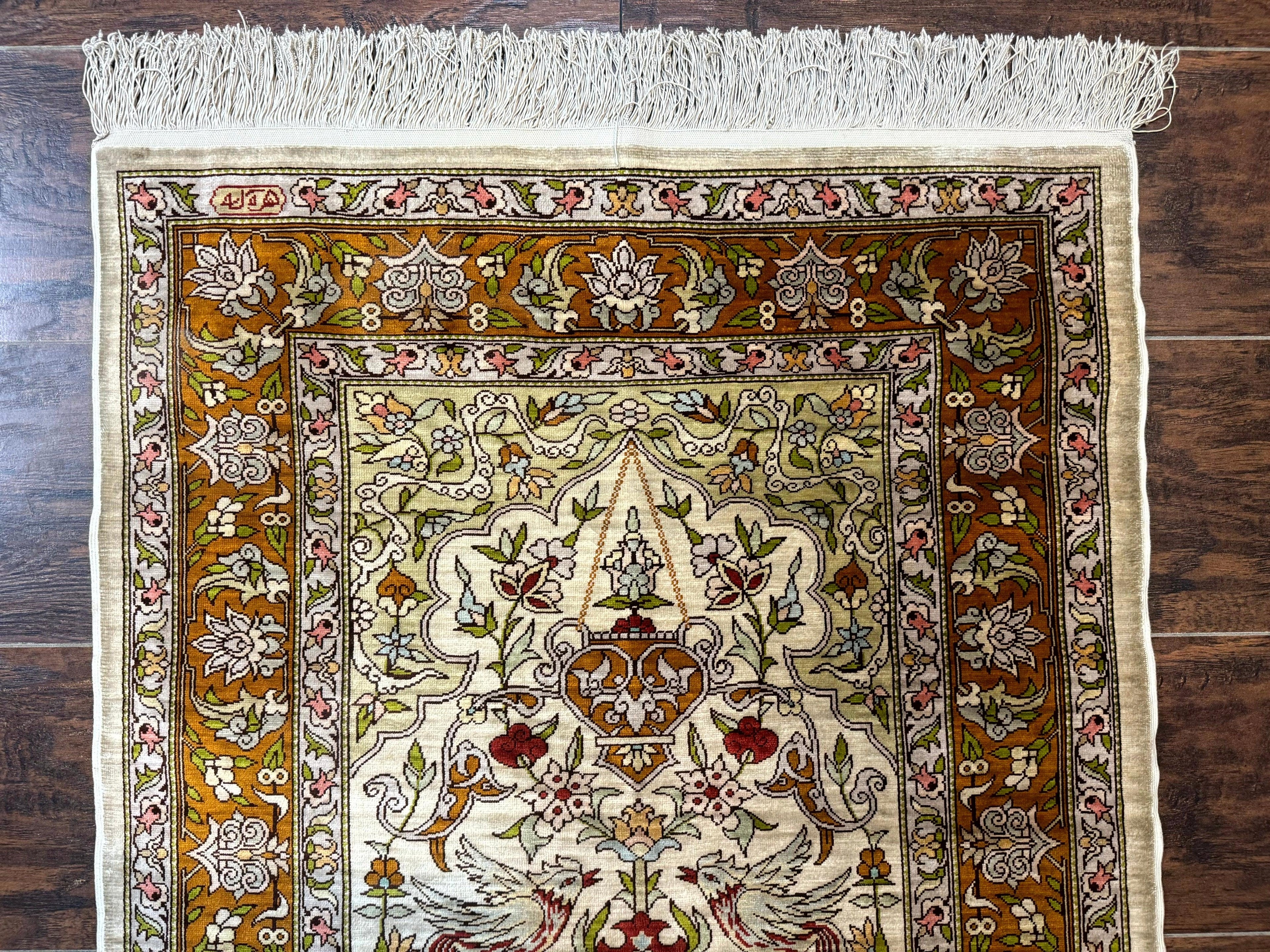 Silk Turkish Hereke Rug 2x3, Birds Lantern Very Fine 400 KPSI, Signed by Masterweaver, Wonderful, Rare, Small Hereke Rug