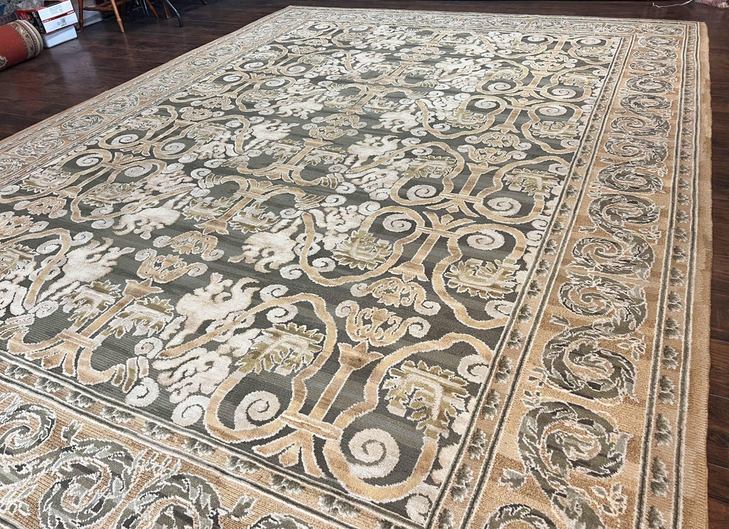 Spanish Rug 11x14, Wool Hand Knotted Vintage Carpet, Olive Green and Beige, Floral Allover, European Design, 11 x 14 Rug
