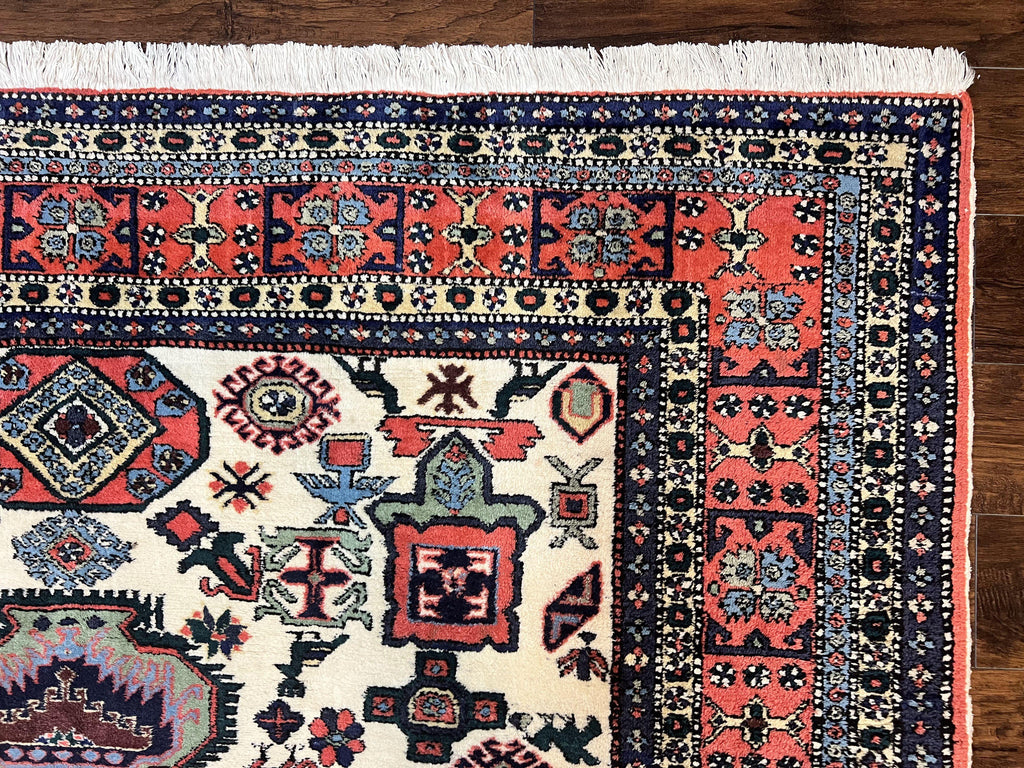 Persian Tribal Rug 8x11, Persian Ardabil Rug, Geometric Medallion Animal Pictorial Rug, Ivory Red Blue, Hand Knotted Vintage Wool Carpet