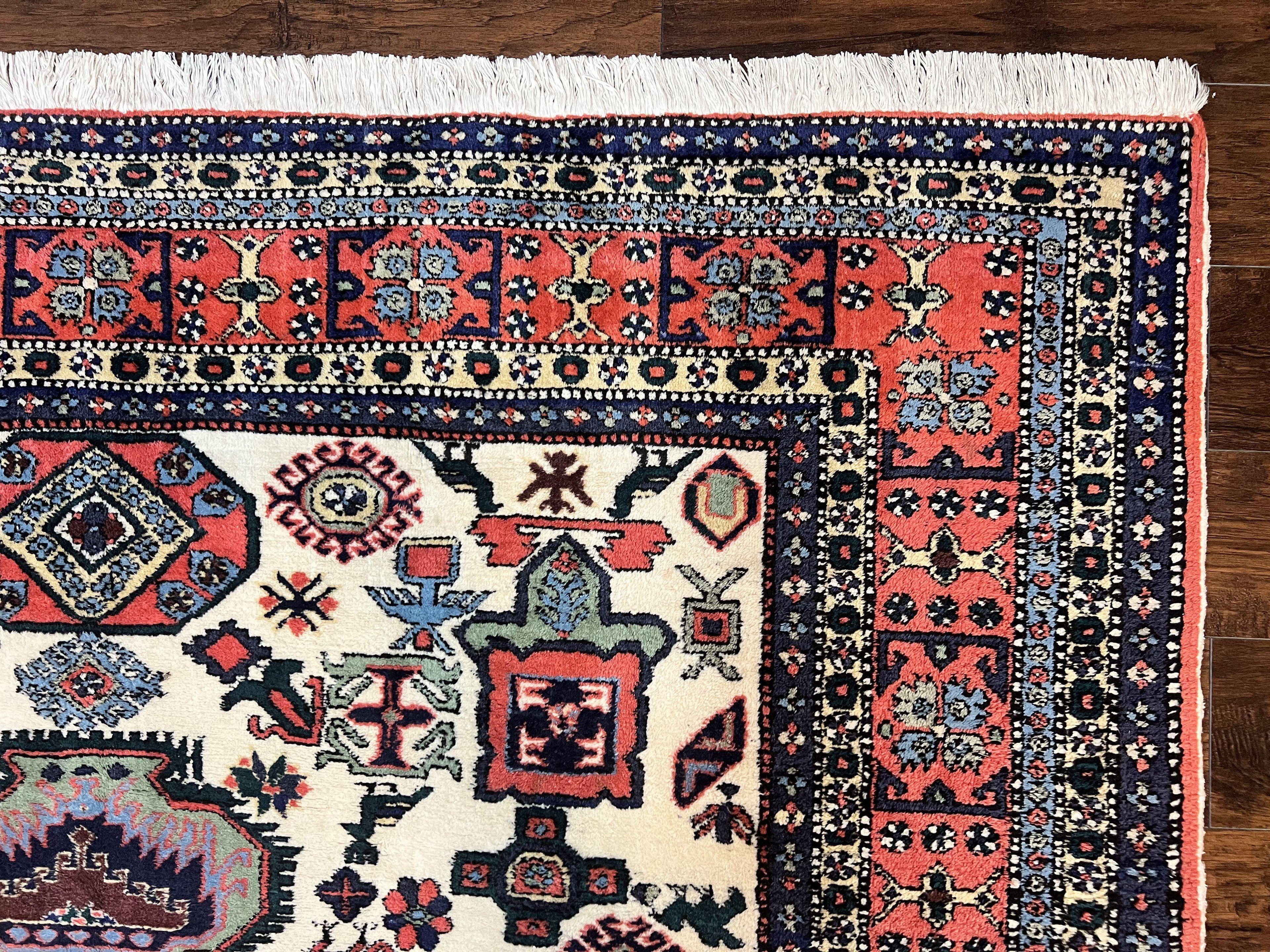Persian Tribal Rug 8x11, Persian Ardabil Rug, Geometric Medallion Animal Pictorial Rug, Ivory Red Blue, Hand Knotted Vintage Wool Carpet