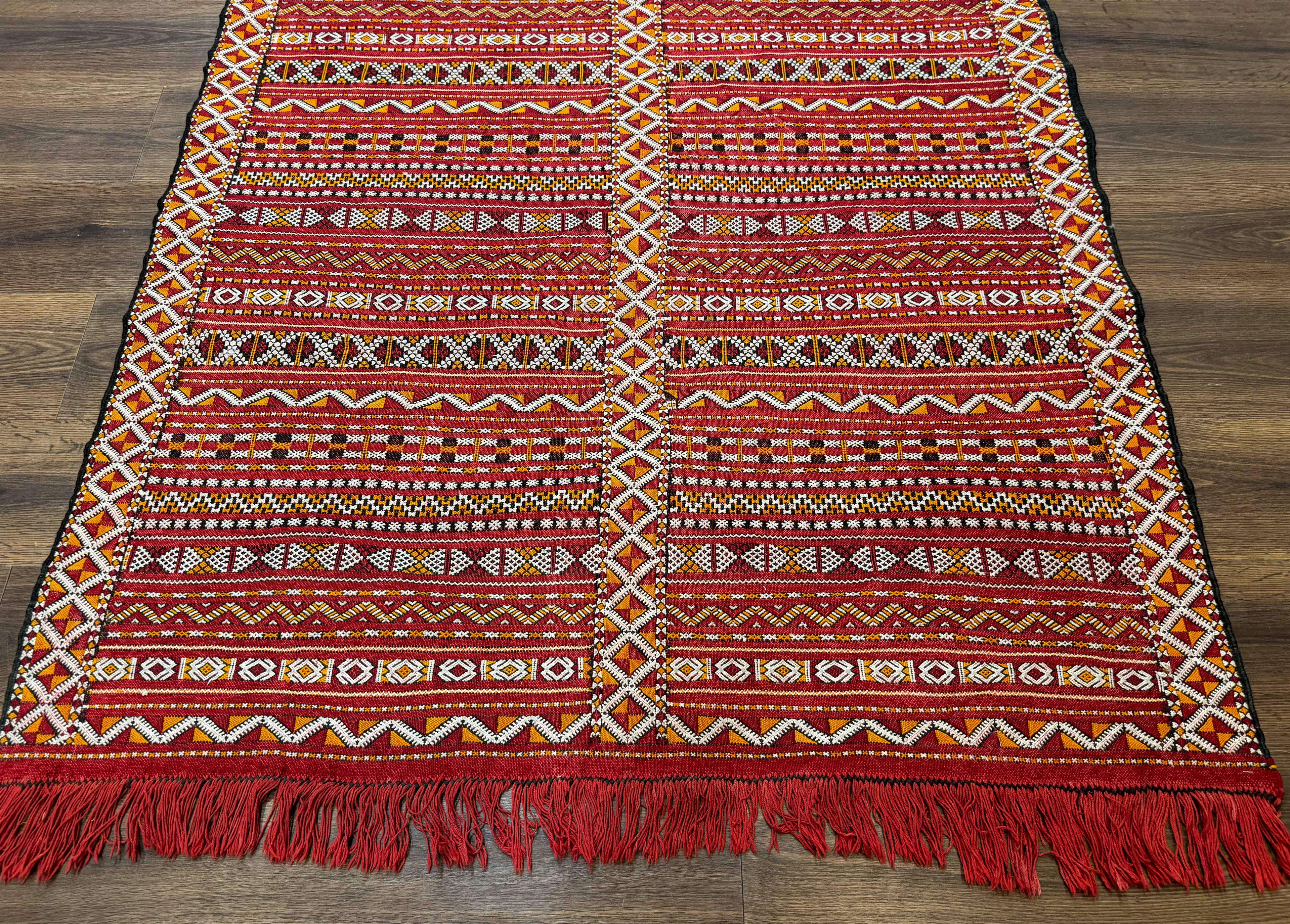 Moroccan Kilim Rug 4x8, Flatweave, Bohemian, Red Ivory Orange