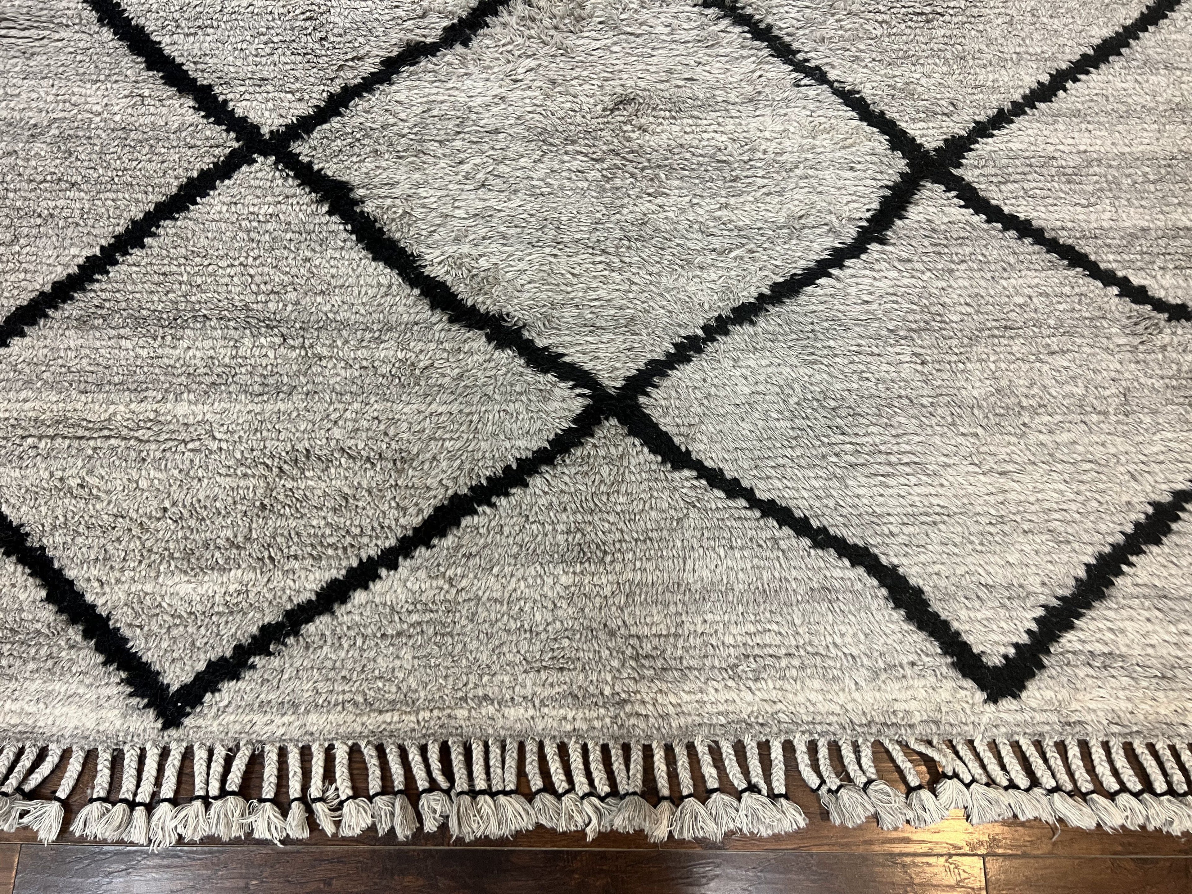 Modern Shag Rug 8x10, Gray and Black, Wool and Cotton, Lulu and Georgia, Handmade Indian Shag Rug