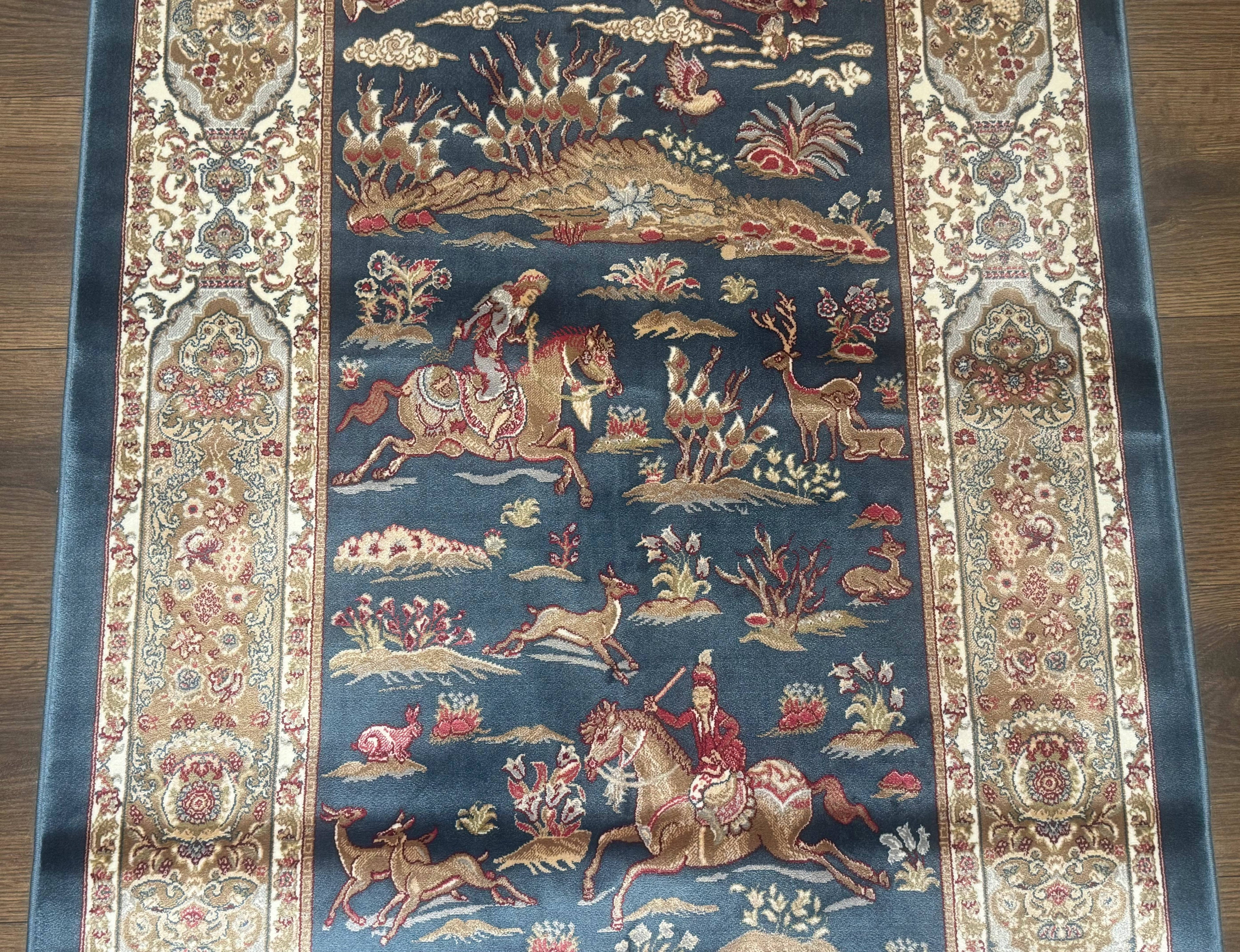 Turkish Silk Hunting Scene Rug 2.6 x 5, Dark Steel Blue & Ivory, Bamboo Silk, New