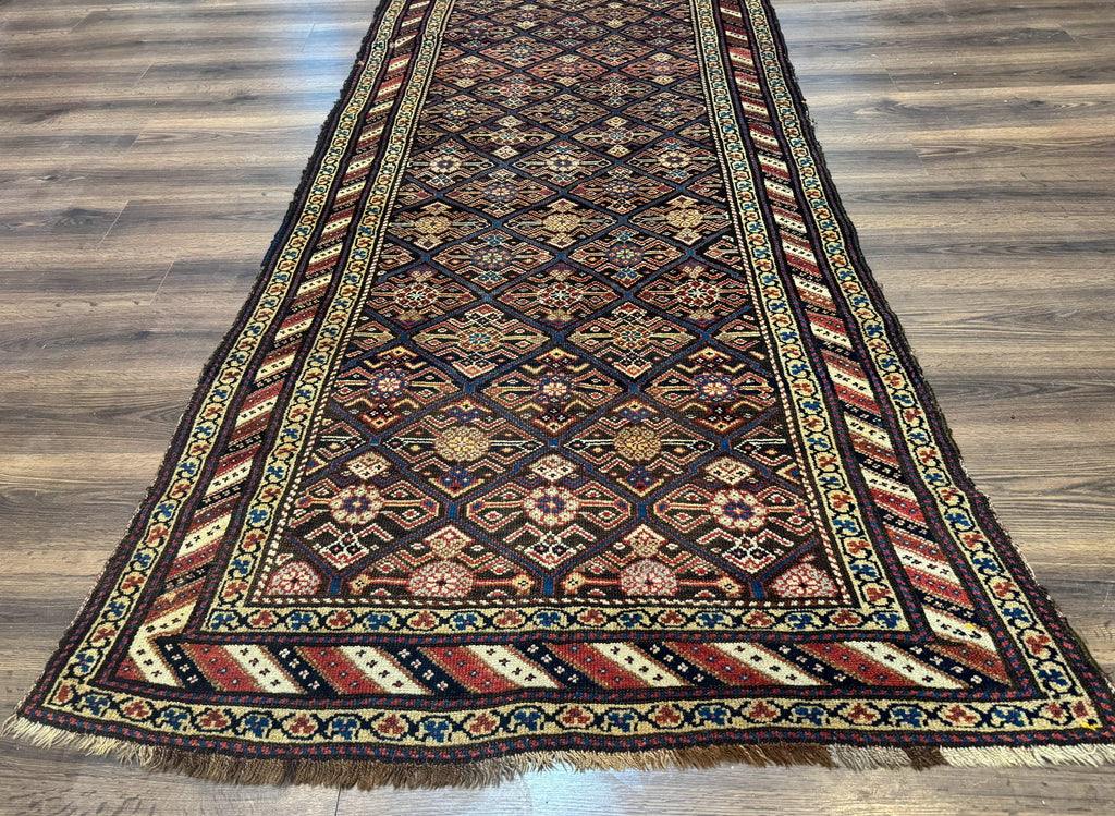 Antique Persian Wide Runner Rug 4x9, Kurdish Rug, Panel Design, Rainbow Border, Rare Tribal Rug