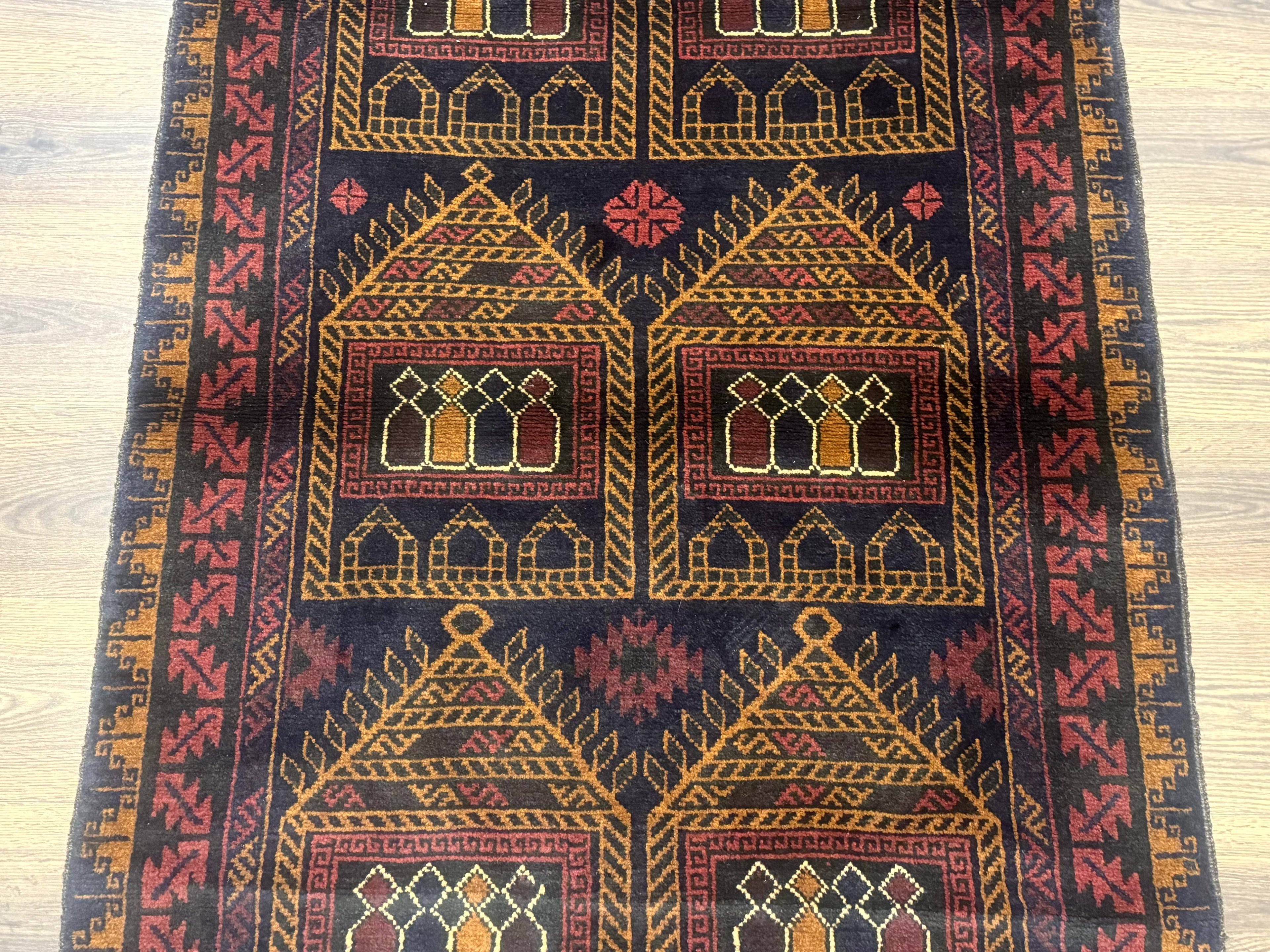 Afghan Rug 3x7, Navy Blue, Tribal Rug, Balouch Carpet, New