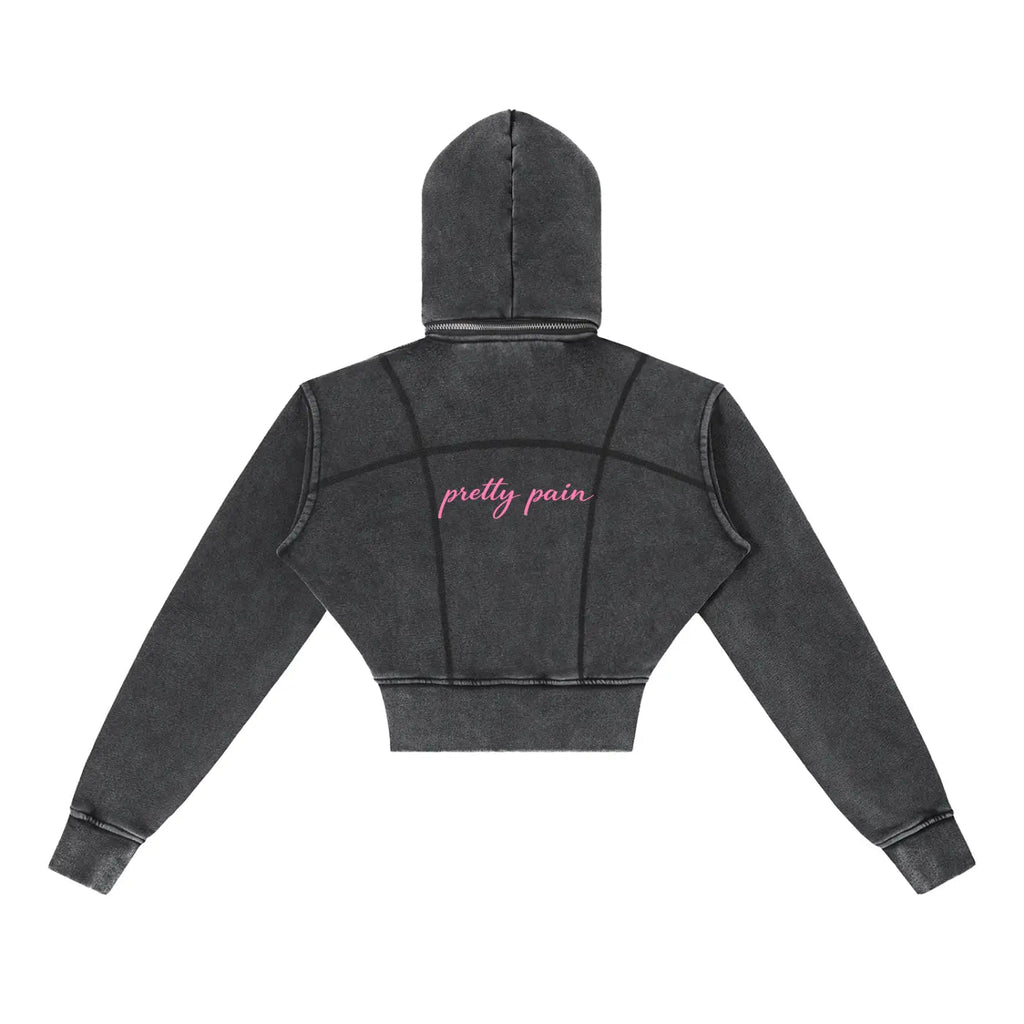 Vintage Washed PRETTY PAIN Cropped Fleece Hoodie