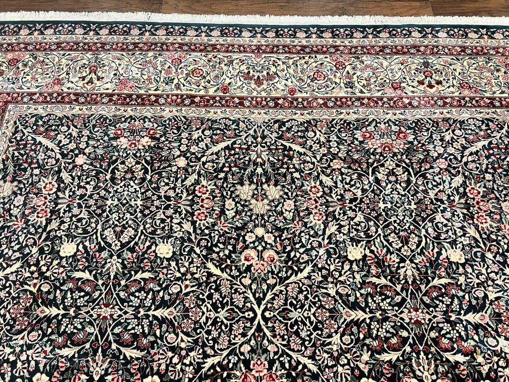 Large Sino Persian Rug 10x14, Wool Hand Knotted Vintage Carpet, Dark Green & Beige, Kirman Floral Rug, Fine Weave, Traditional, Large
