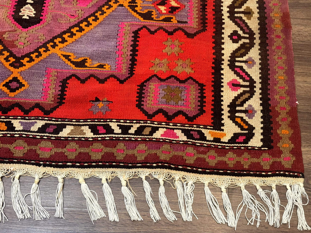 Persian Kurdish Zarand Kilim Rug 5x9, Red, Geometric Medallions, Wide Runner
