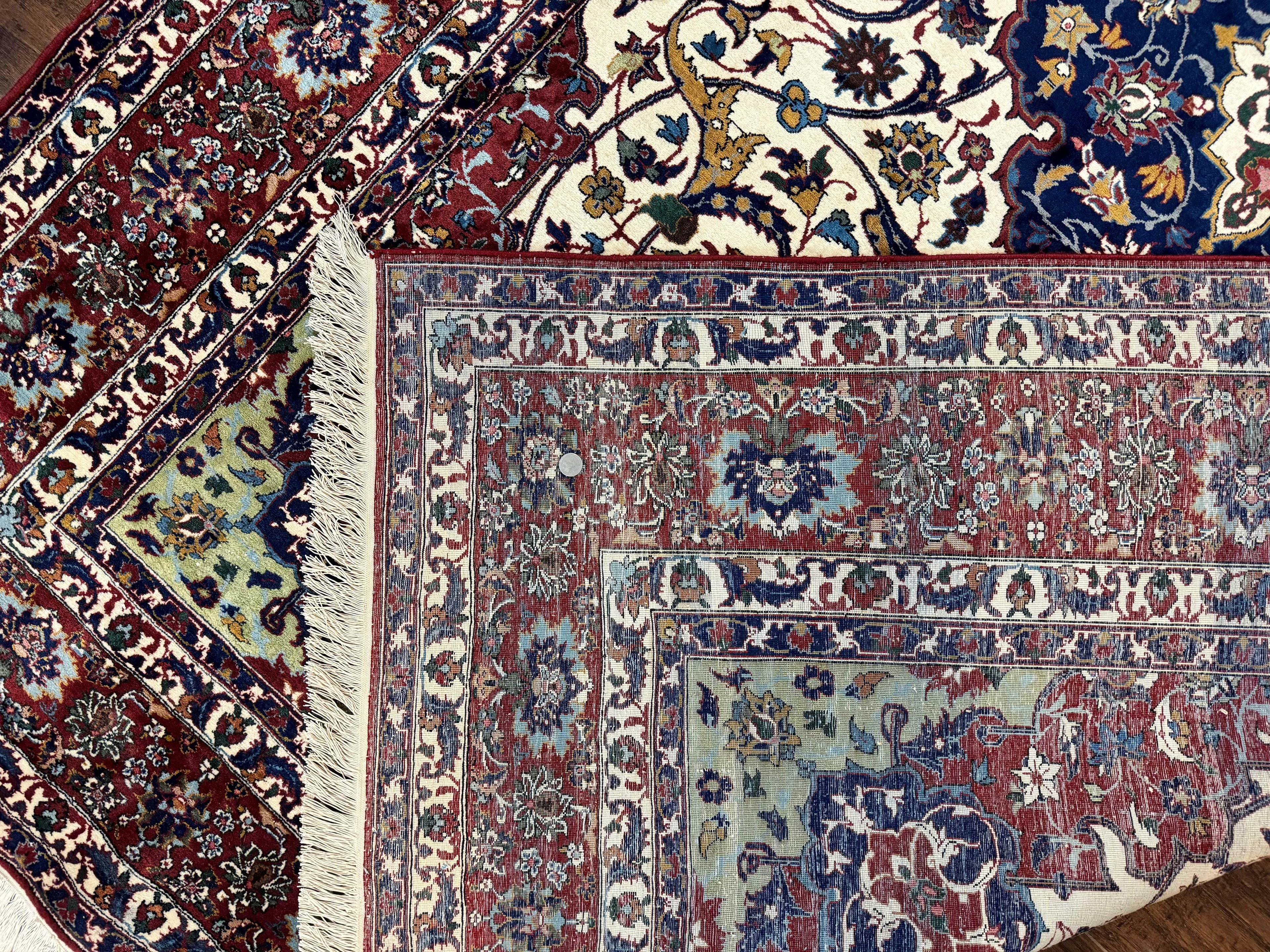 Wonderful Persian Isfahan Rug 7x9, Ivory Navy Blue Red, Floral Medallion, Very Finely Hand Knotted 260 KPSI, Handmade Wool Vintage Rug