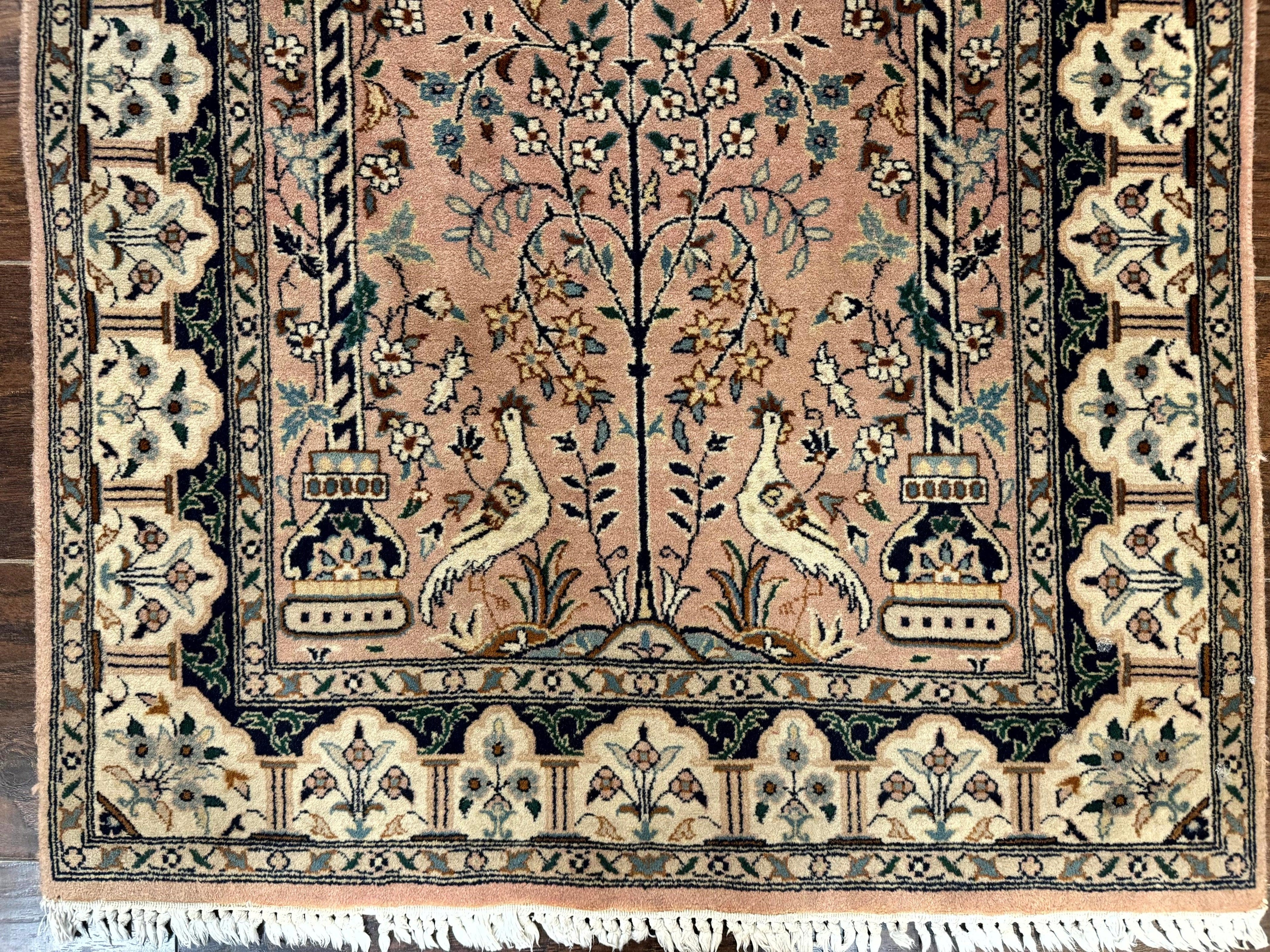 Small Tree of Life Prayer Rug, Pak Persian Rug 2.7 x 4, , Birds, Lantern, Handmade Vintage Fine 260 KPSI
