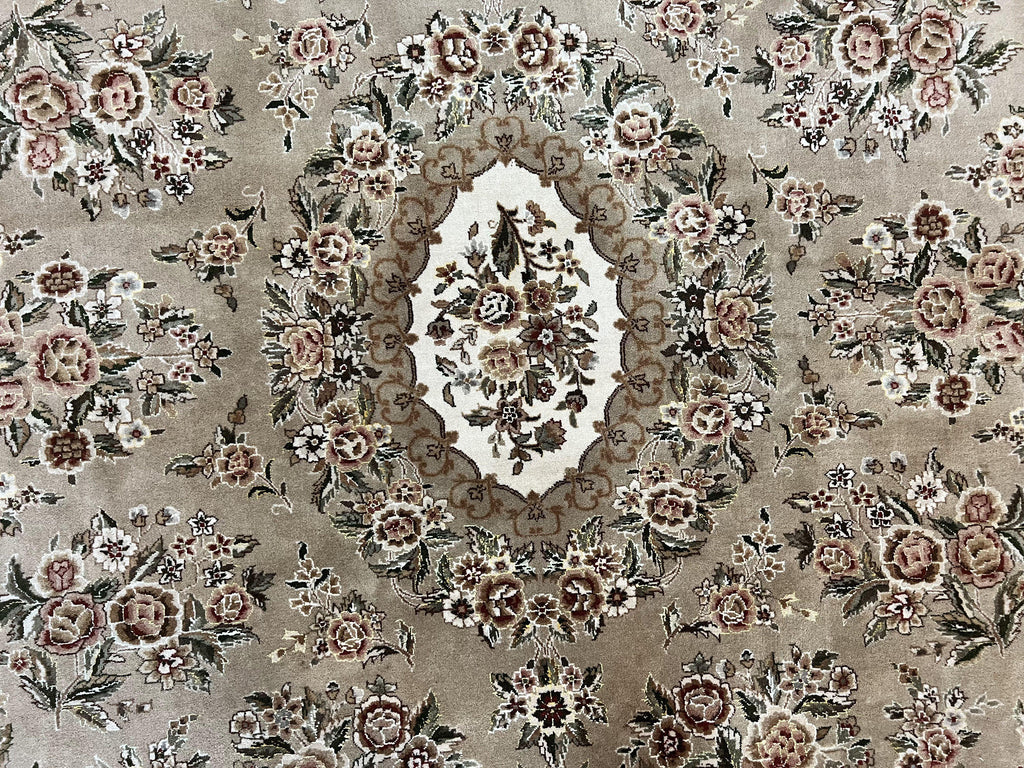 Sino Persian Rug 8x10, Soft Wool, Silk Highlights, Hand Knotted Vintage Carpet, Taupe & Ivory, Floral, Traditional Rug 8 x 10