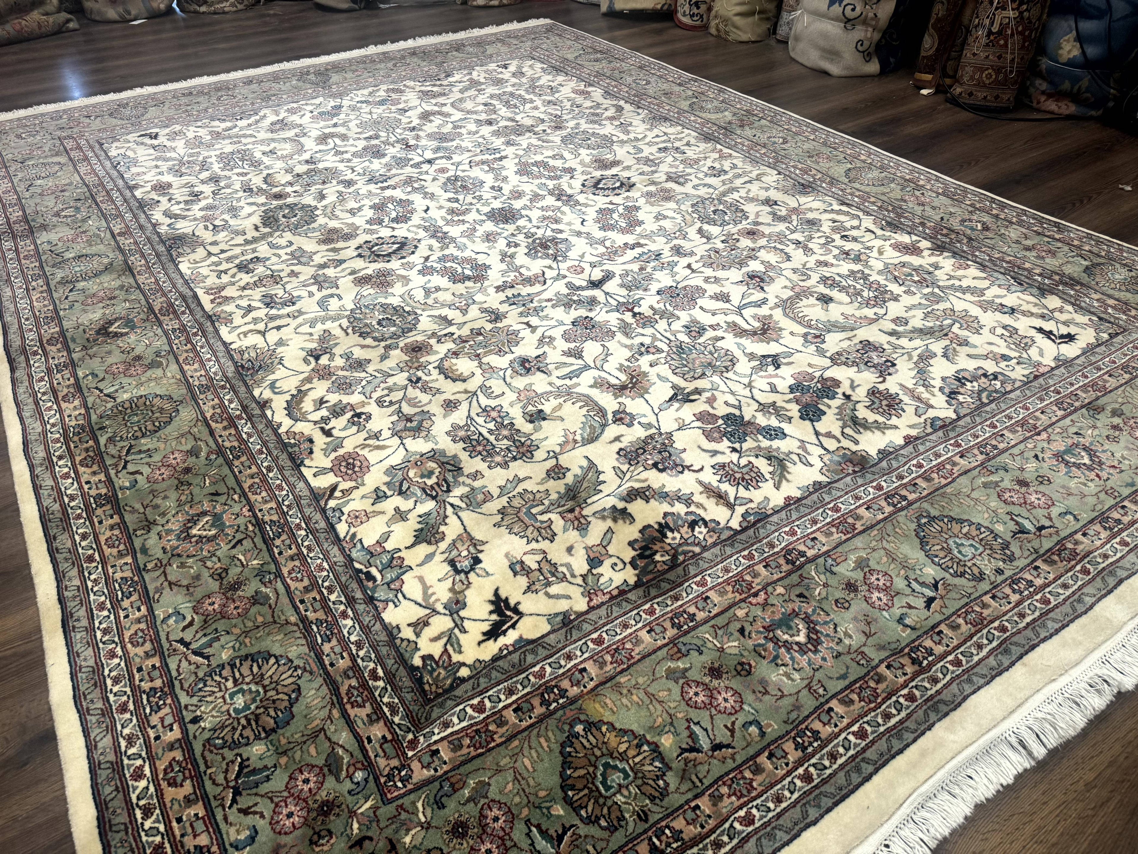 Indo Persian Rug 9x12, Allover Floral Pattern, Ivory & Green, Traditional Oriental Carpet