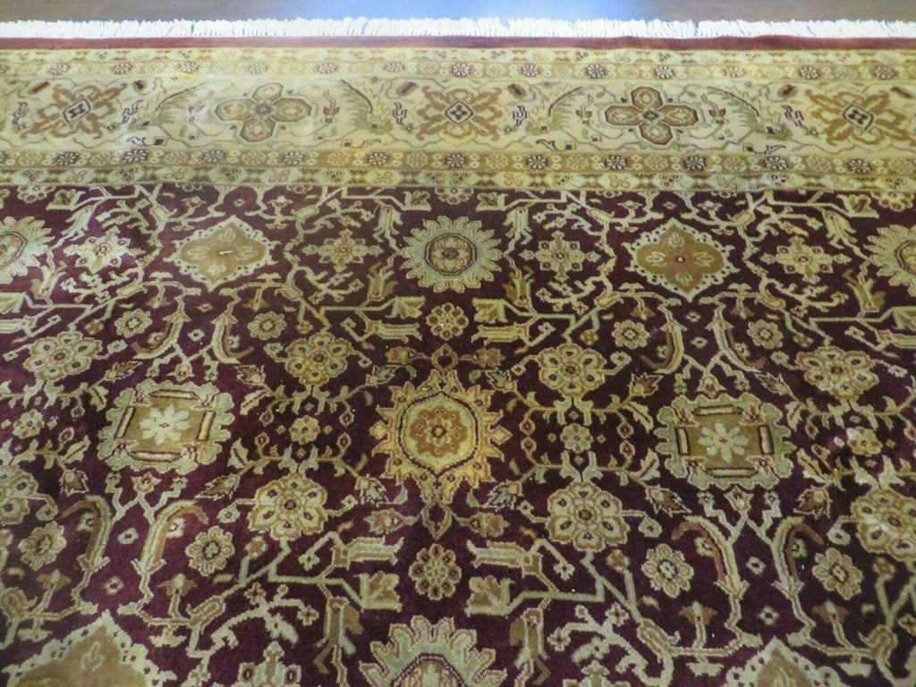 Indian Agra Rug 10x14 Vintage Handmade Larastan Wool Carpet Maroon Floral