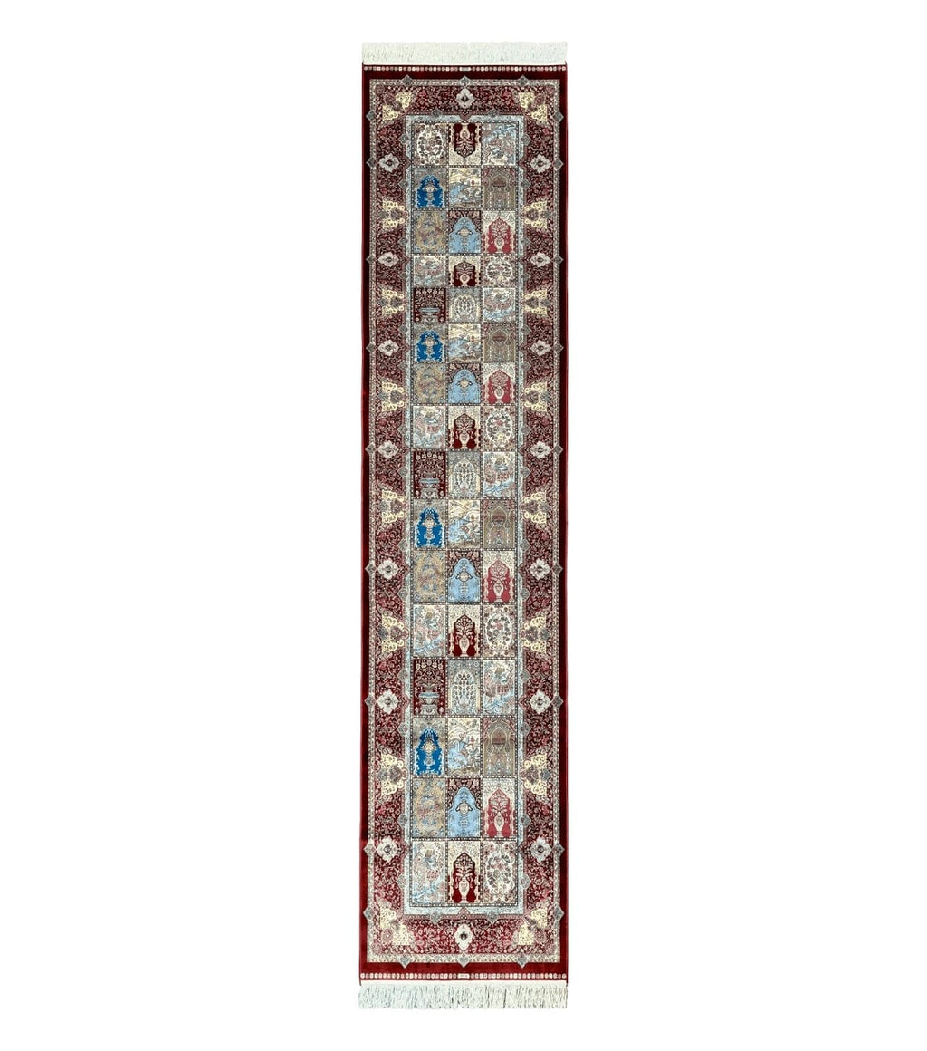 Turkish Silk Runner Rug 2.6 x 11.6, Panel Design, Dark Red Ivory, Bamboo Silk, New