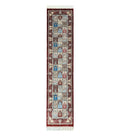 Turkish Silk Runner Rug 2.6 x 11.6, Panel Design, Dark Red Ivory, Bamboo Silk, New