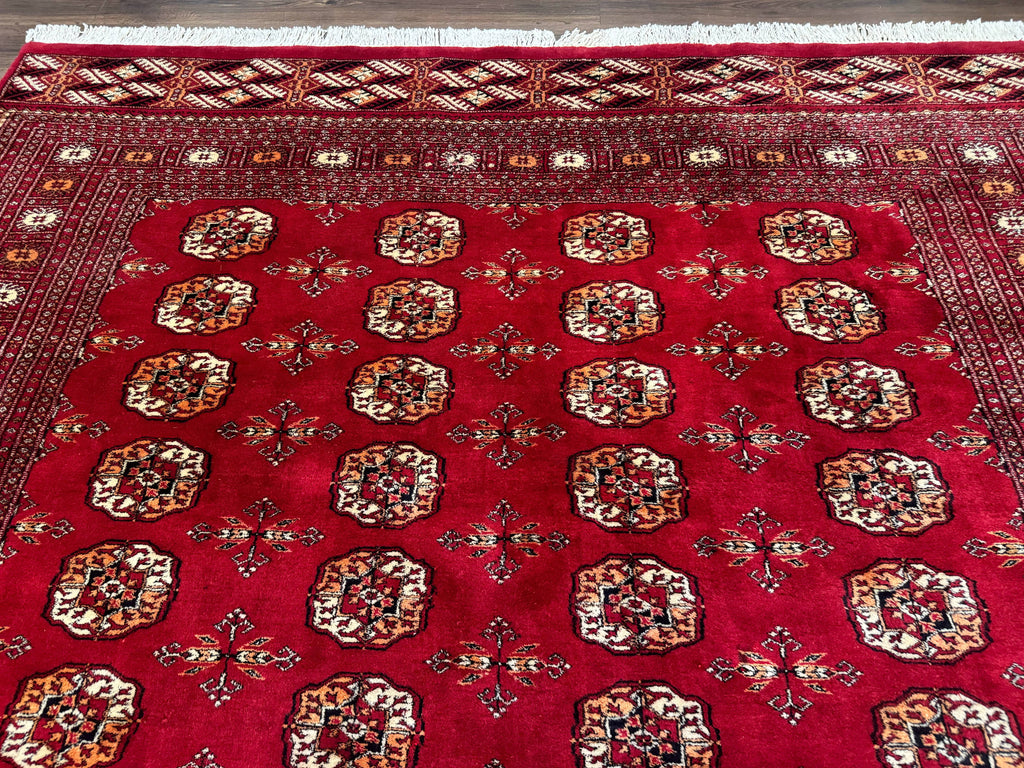 Red Turkoman Bokhara Rug 8x11, Pakistani Turkmen Carpet, Vintage Traditional Area Rug