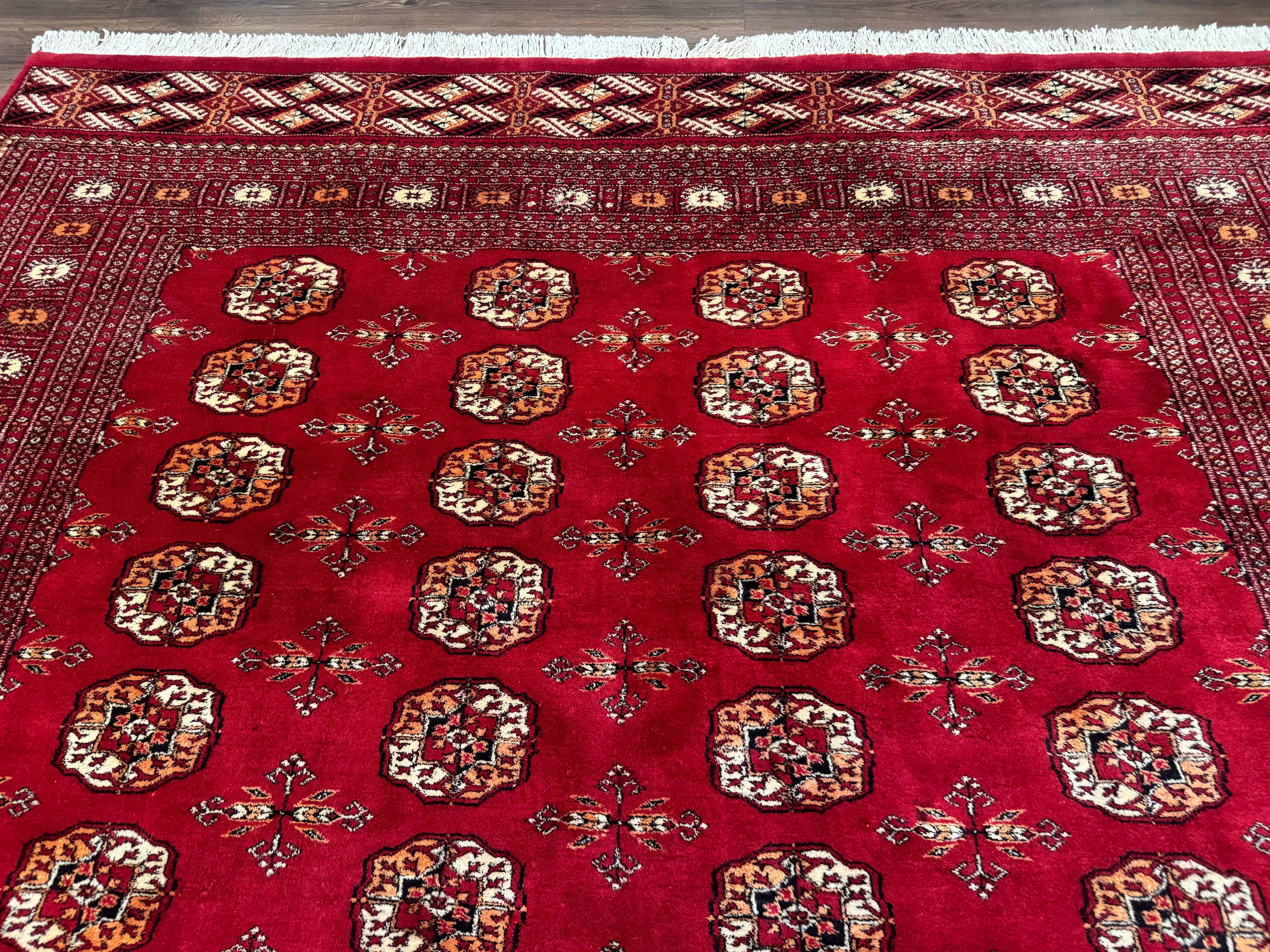 Red Turkoman Bokhara Rug 8x11, Pakistani Turkmen Carpet, Vintage Traditional Area Rug