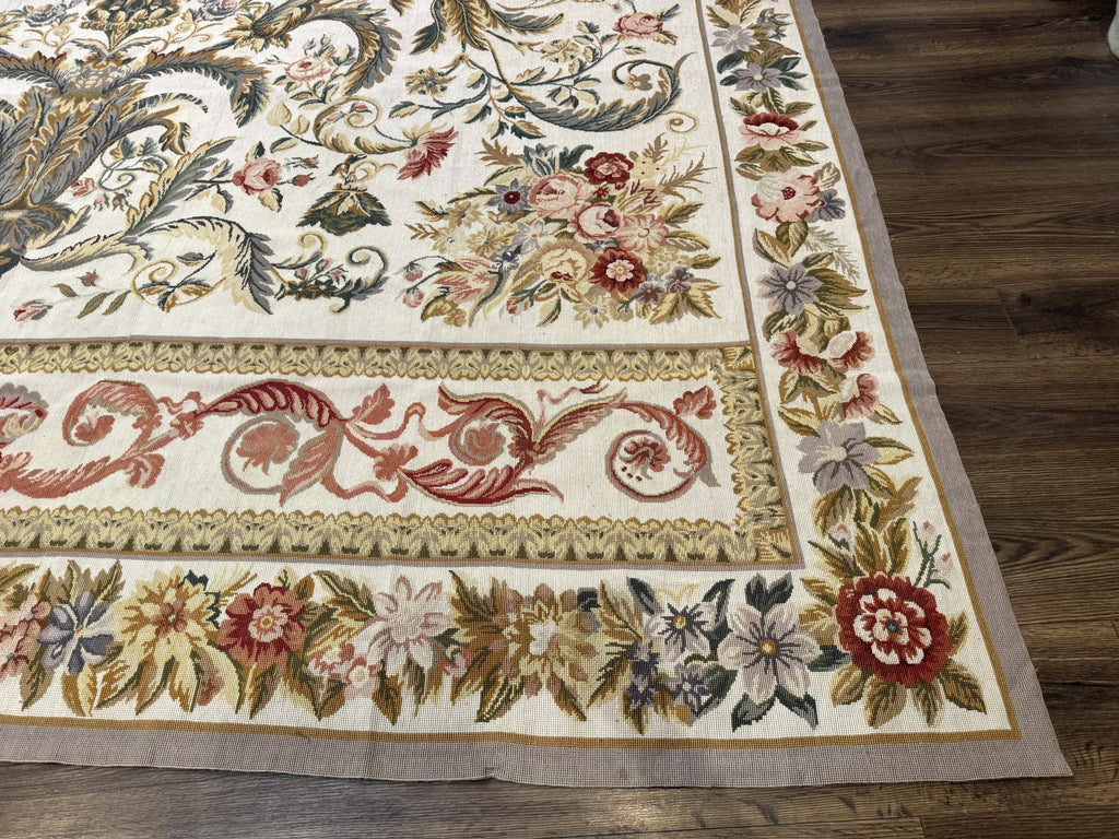 Aubusson Needlepoint Rug 10x14, Elegant European French Carpet, Vintage Carpet