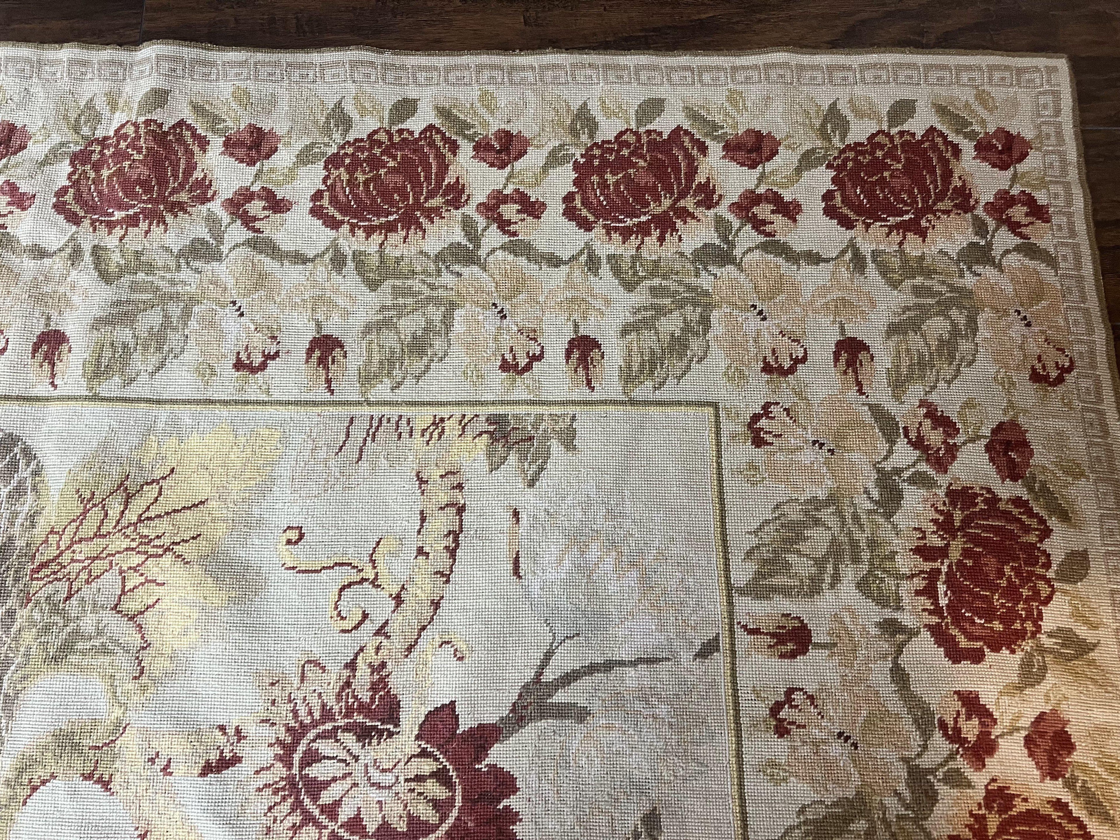 Extra Large Needlepoint Rug 14 x 20, Vintage Handwoven Handmade Wool Flatweave Carpet, Allover Floral Pattern, Elegant European Deisgn Rug