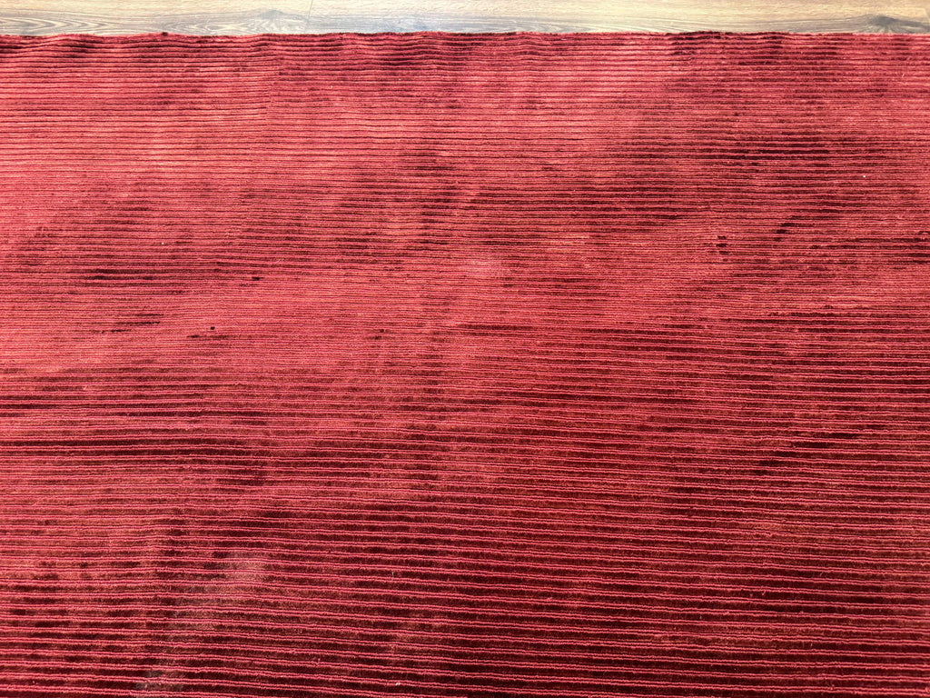 Modern Tibetan Rug 8x10, Red, Stripes, Handmade Wool Thick Pile Carpet