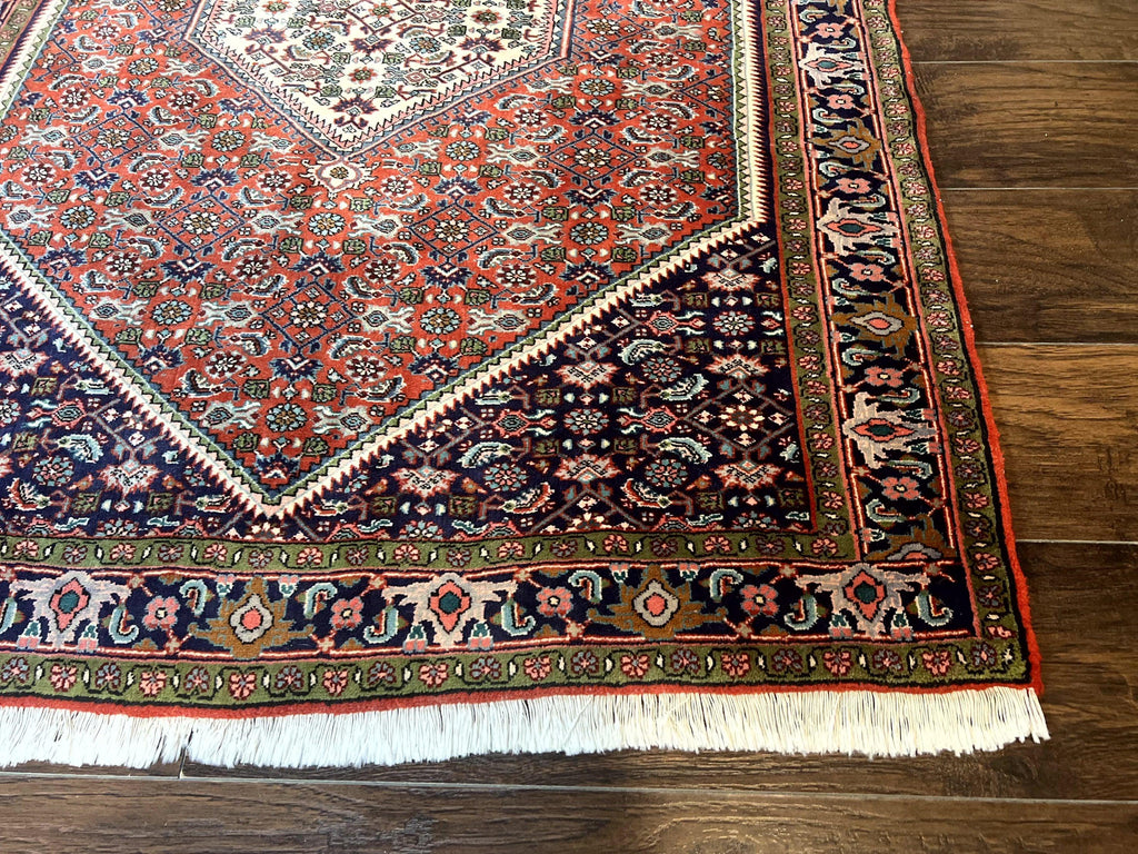 Persian Bidjar Rug 4x5, Finely Hand Knotted Vintage Carpet, Red and Navy Blue, Handmade Wool Rug, 180 KPSI