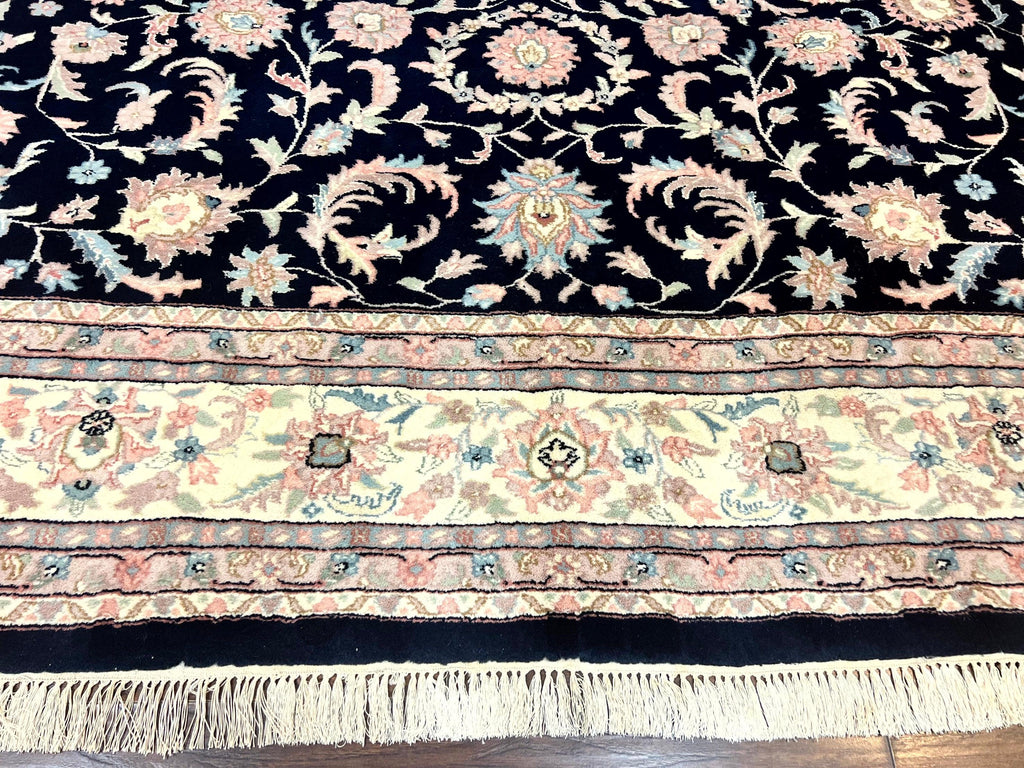 Indo Persian Rug 9x12, Navy Blue and Ivory/Cream, Floral Allover, Wool Vintage Handmade Carpet