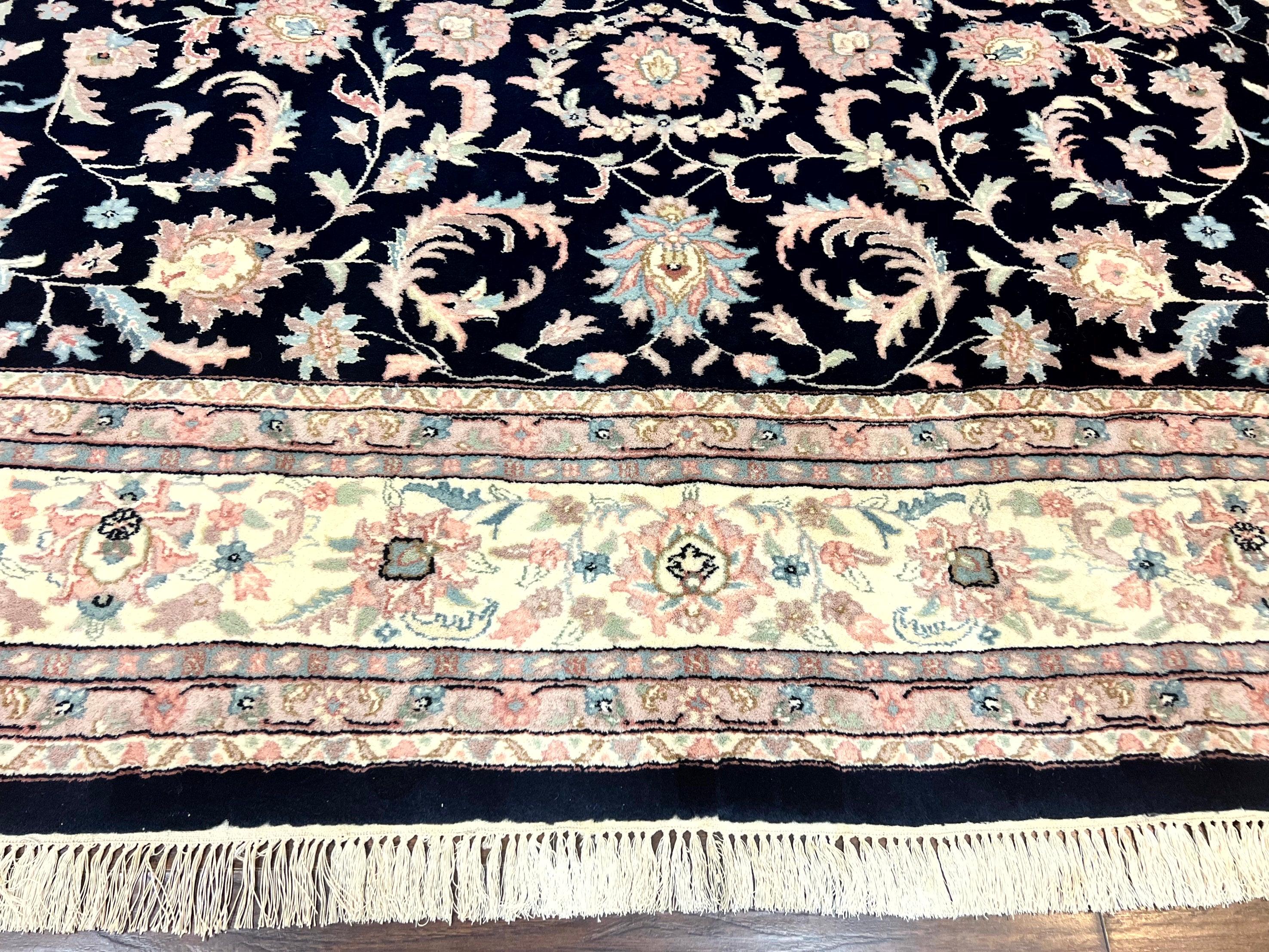 Indo Persian Rug 9x12, Navy Blue and Ivory/Cream, Floral Allover, Wool Vintage Handmade Carpet