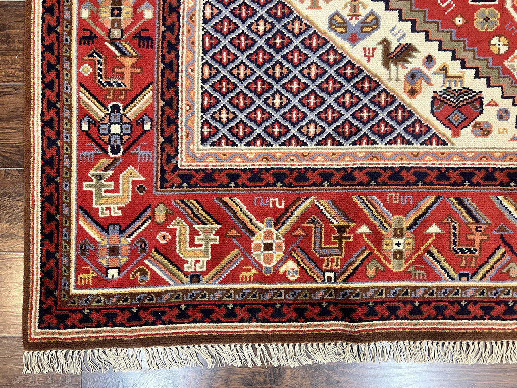 Belgium Power Loomed Rug 8x12, Geometric Medallions Persian Tribal Pattern, Vintage Wool Carpet, Ivory Red Blue