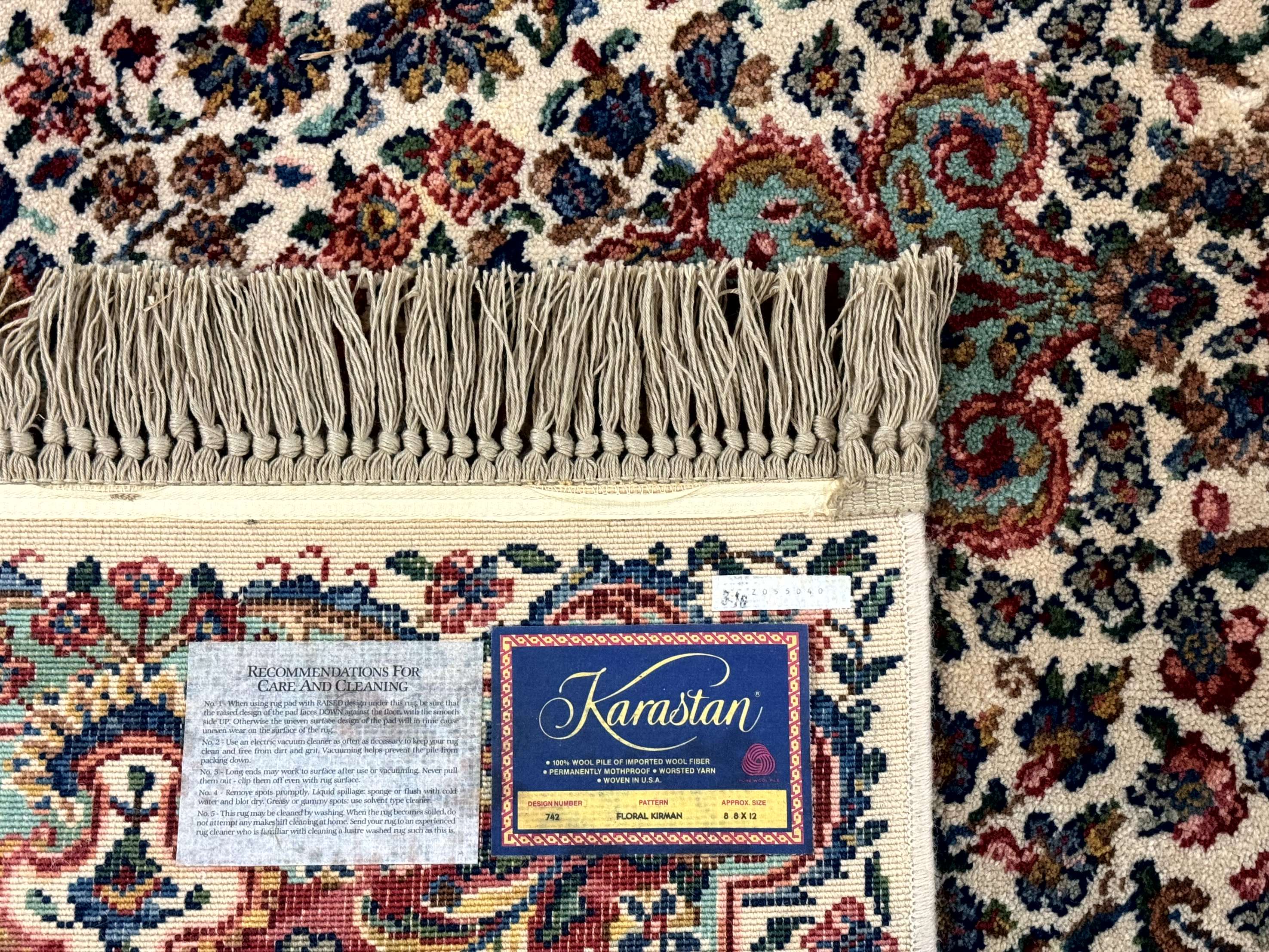 Karastan Rug #742 Floral Kirman 8.8 x 12, Wool Pile, Vintage Original Series, Rare