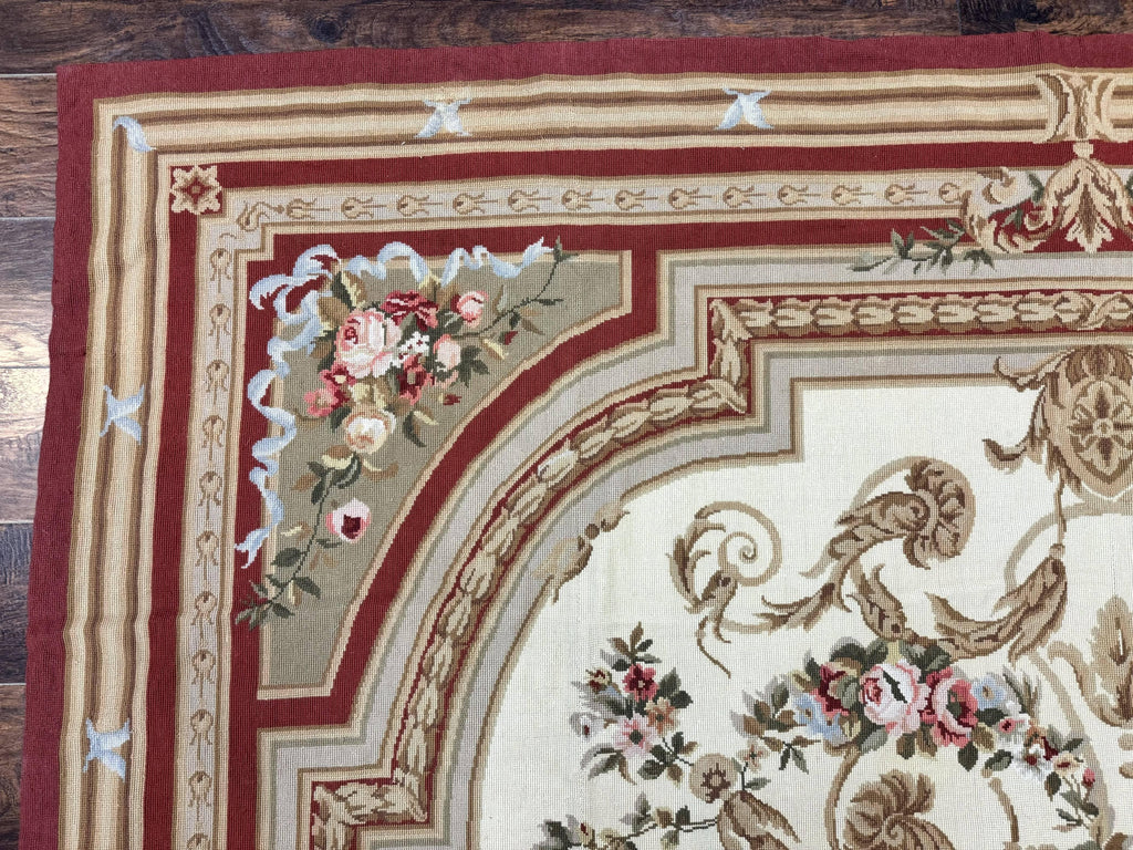Aubusson Needlepoint Rug 9x11, Handmade Vintage Wool Flatweave Carpet, Elegant European Rug, Floral, Cream