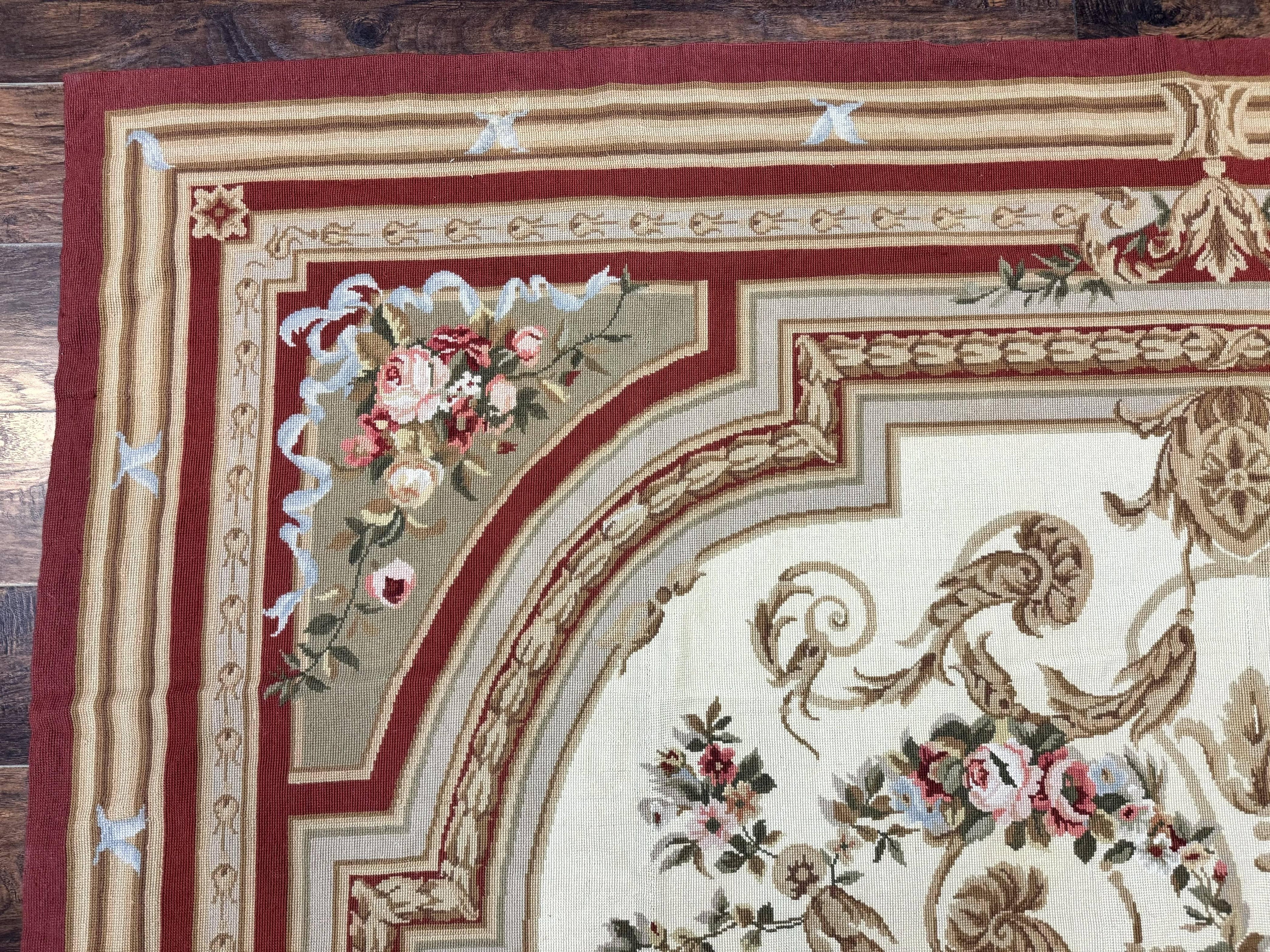 Aubusson Needlepoint Rug 9x11, Handmade Vintage Wool Flatweave Carpet, Elegant European Rug, Floral, Cream