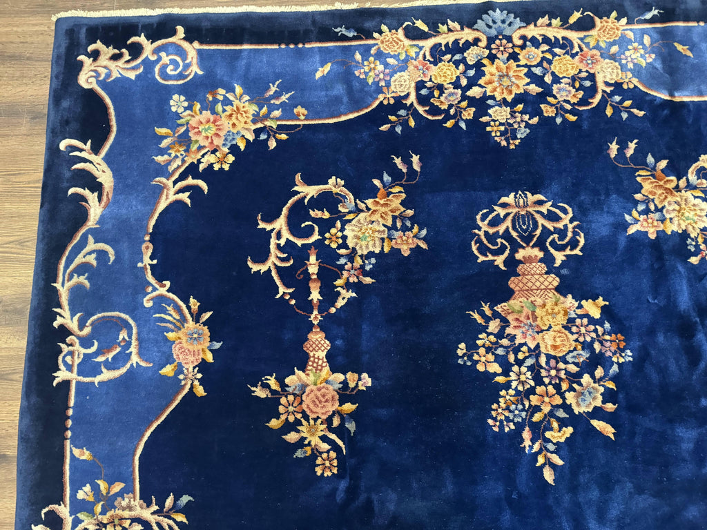 Blue Chinese Art Deco Rug 9x12, Vintage Antique Chinese Wool Rug, Chinese Fette Rug
