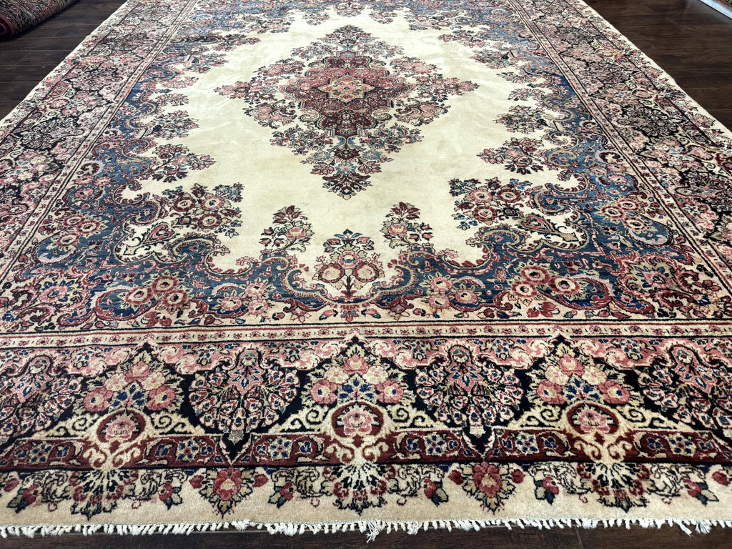Persian Sarouk Rug 9x12, Ivory & Blue, Semi Open Field