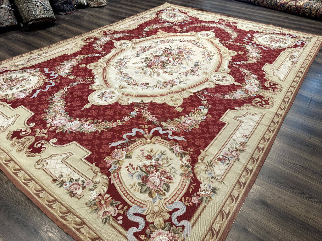 Aubusson Rug 8x11, Needlepoint Carpet, Red Ivory Beige, Vintage, French European Design