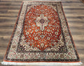 Persian Qum Silk Rug 5x7 - Floral Medallion, Birds, Orange-Red