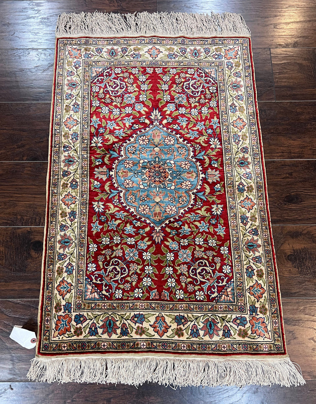 Silk Turkish Kayseri Rug 2x3, Small All Silk Turkish Carpet, Red and Light Blue, Very Fine Hand Knotted Semi Antique Vintage Handmade Rug