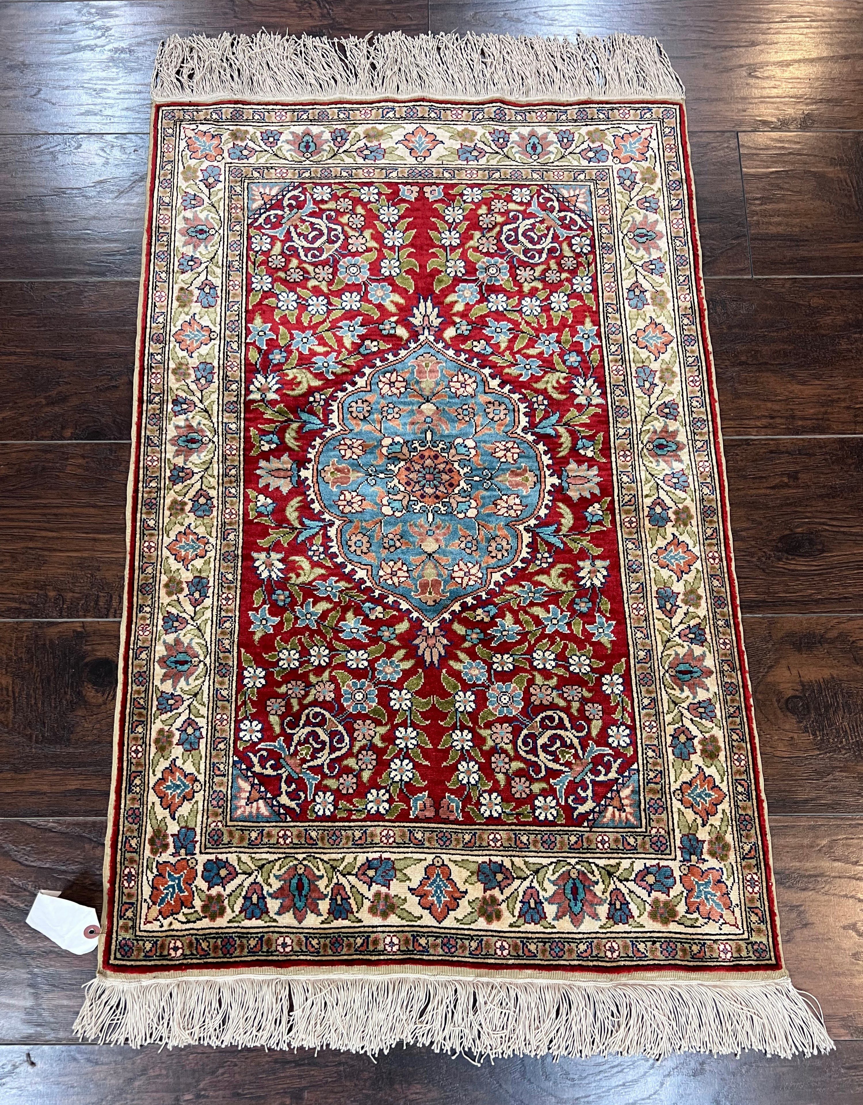 Silk Turkish Kayseri Rug 2x3, Small All Silk Turkish Carpet, Red and Light Blue, Very Fine Hand Knotted Semi Antique Vintage Handmade Rug