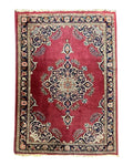 Small Persian Kashan Rug 2x3, Red and Navy Blue, Handmade Vintage Wool Semi Antique Persian Carpet, Semi Open Field, Pair B
