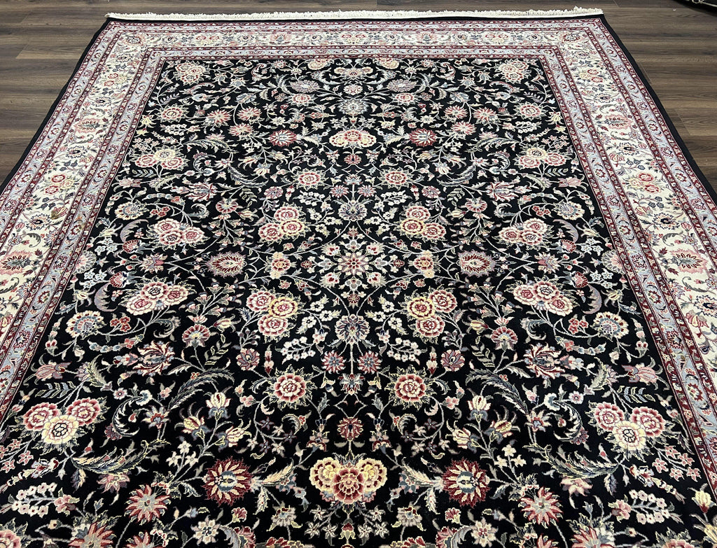 Pak Persian Rug 9x12, Floral Allover, Hand Knotted Oriental Carpet 9 x 12 ft, Black and Cream, Detailed, Wool with Silk Highlights, Vintage