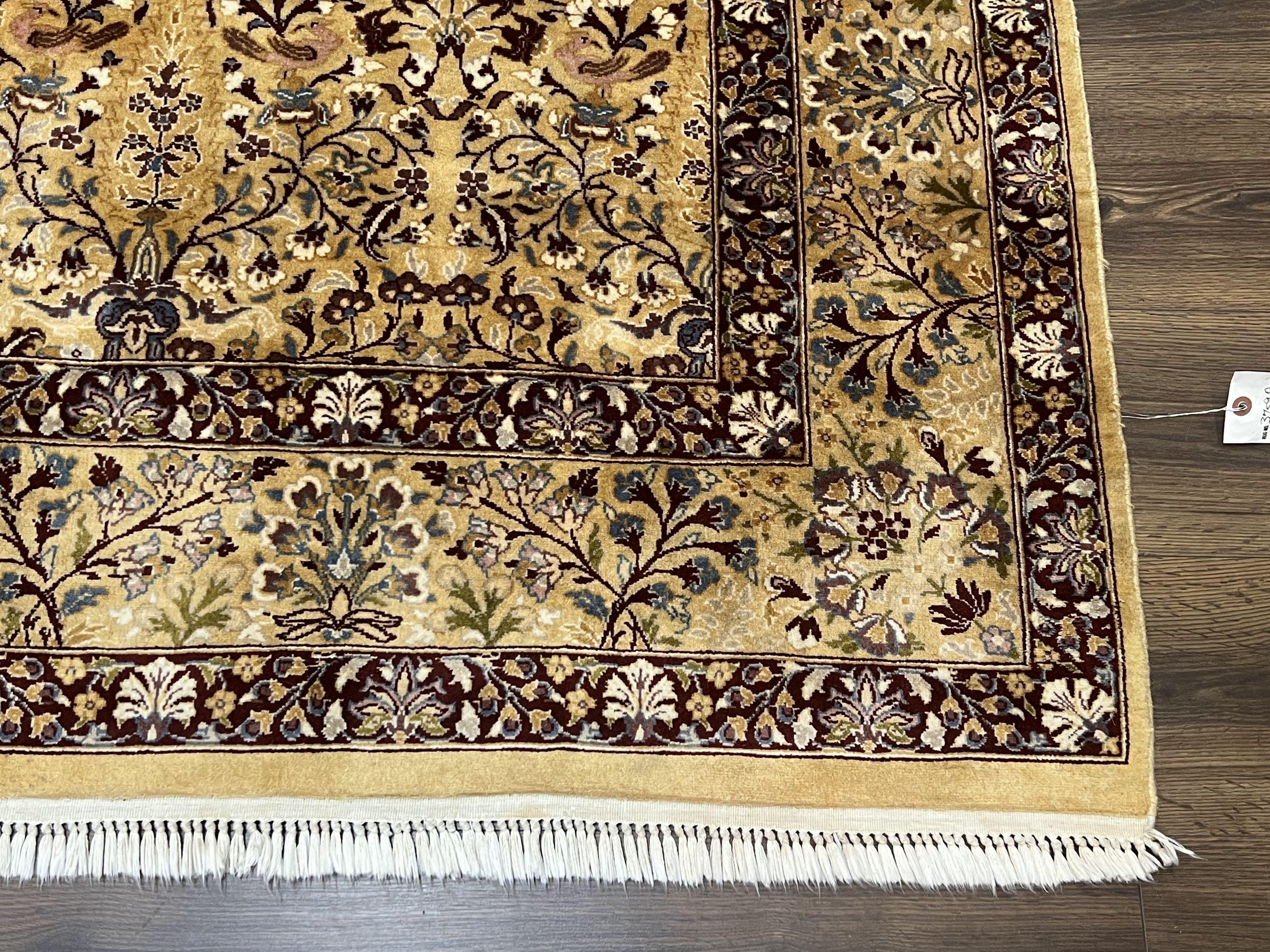 Pretty Indo Persian Rug 6x9, Allover Floral Motif with Birds, Tan/Cream, Very Fine Oriental Carpet, Hand Knotted Vintage Indian Wool Rug
