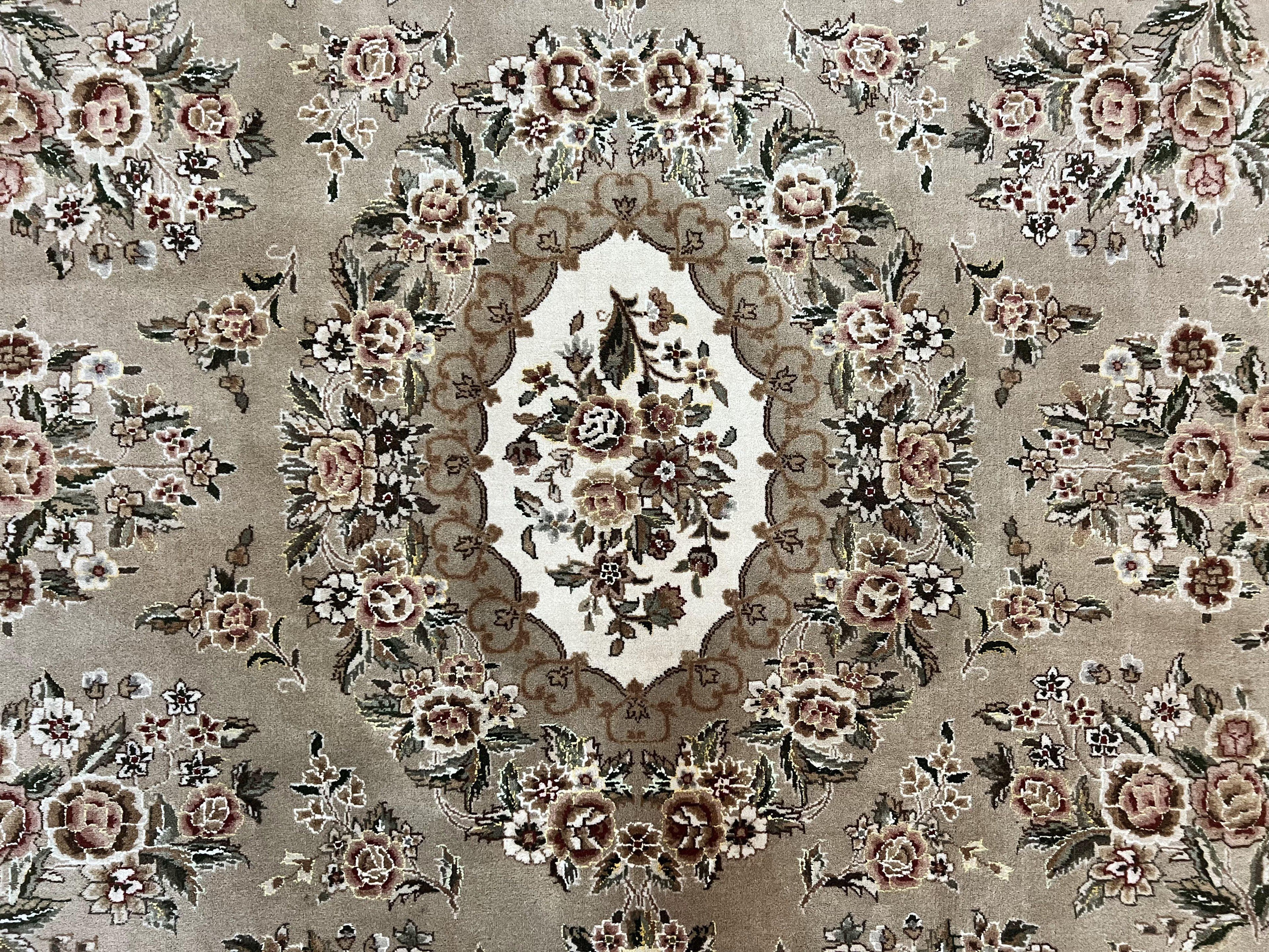 Sino Persian Rug 8x10, Soft Wool, Silk Highlights, Hand Knotted Vintage Carpet, Taupe & Ivory, Floral, Traditional Rug 8 x 10