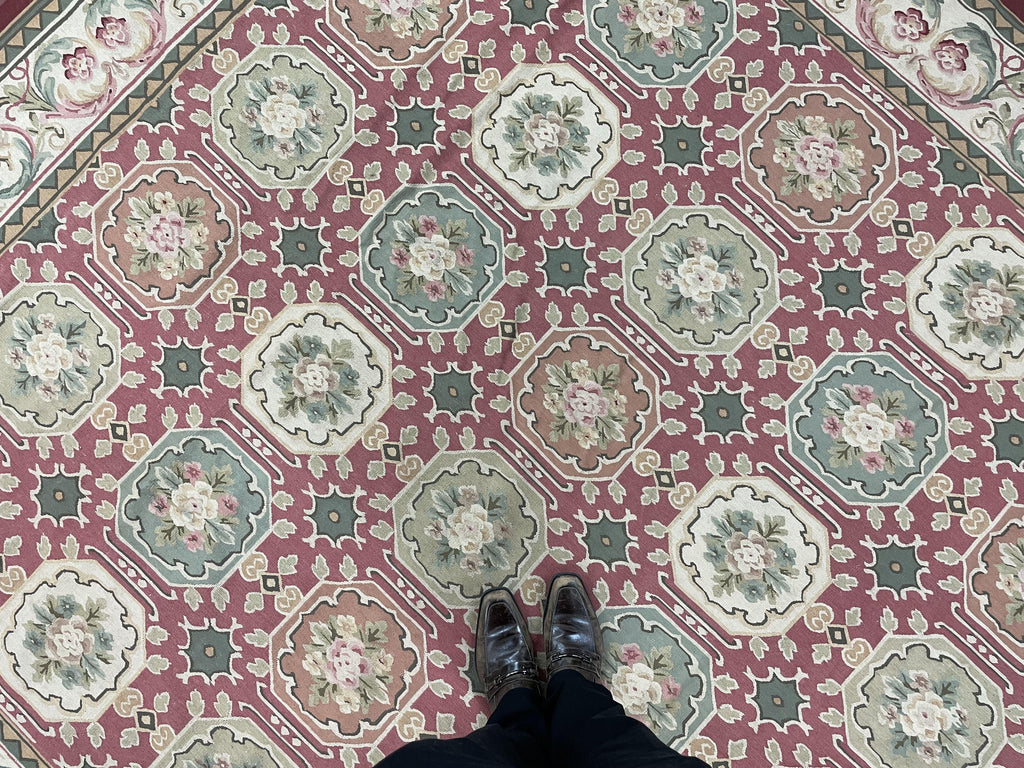 Square Aubusson Rug 9x9, Panel Design, European French English Carpet, Wool